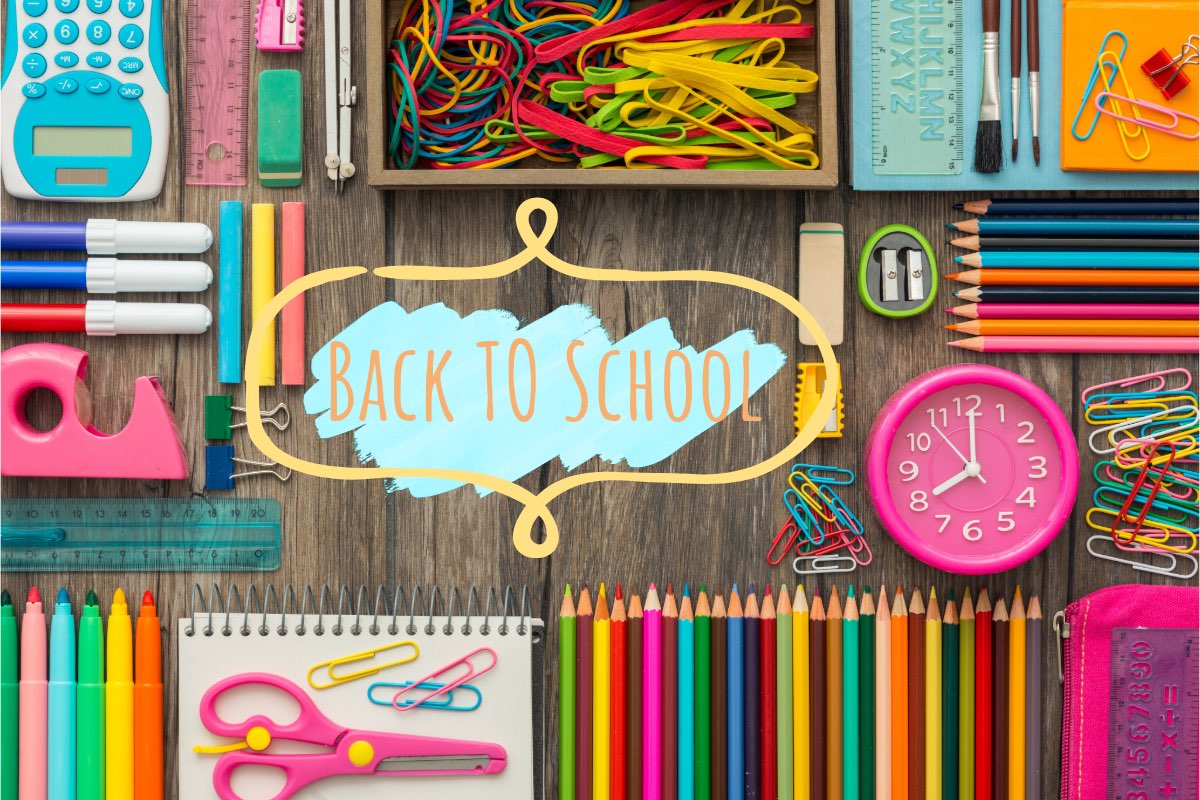 Text βBack to Schoolβ centered surrounded by school supplies right top corner clockwise: calculator, ruler, eraser, rubber bans, clips, sharpener, color pencils, clock, scissors, notebook, markers, tape.