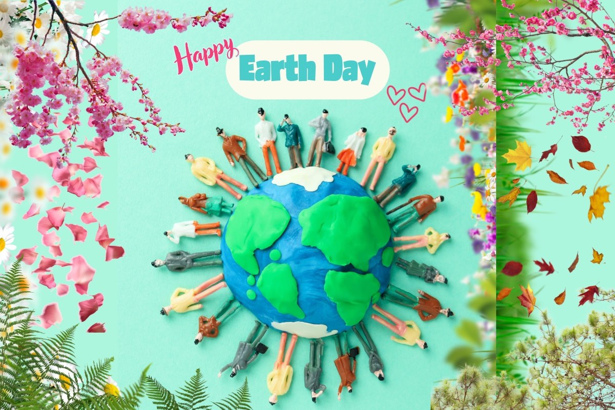 "Happy earth dayβ text with a n clay earth with people standing around it, surrounded by flowers tree branches