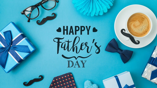 happy father's day text and items around it, tie, glasses, gift boxes, coffee cup, for Fabbys Art dot com