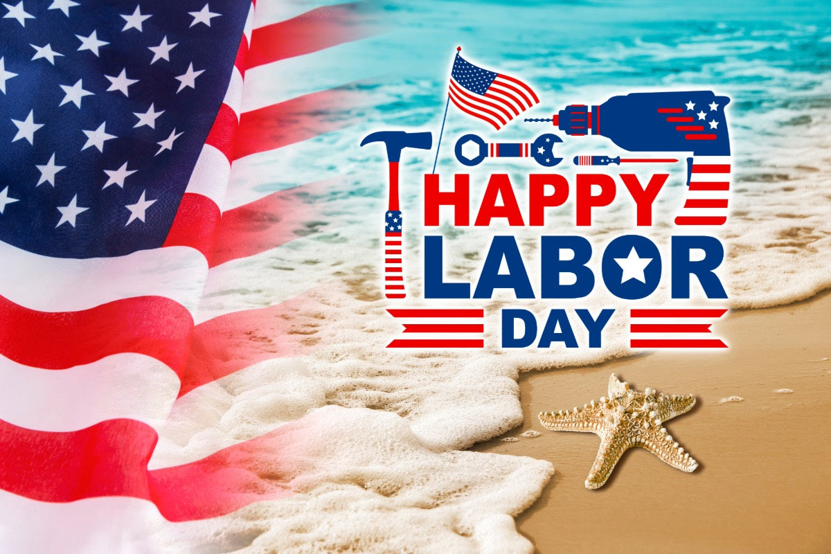 Text βHappy Labor Dayβ with visuals of a summer side beach and the American flag for FabbysArt.com