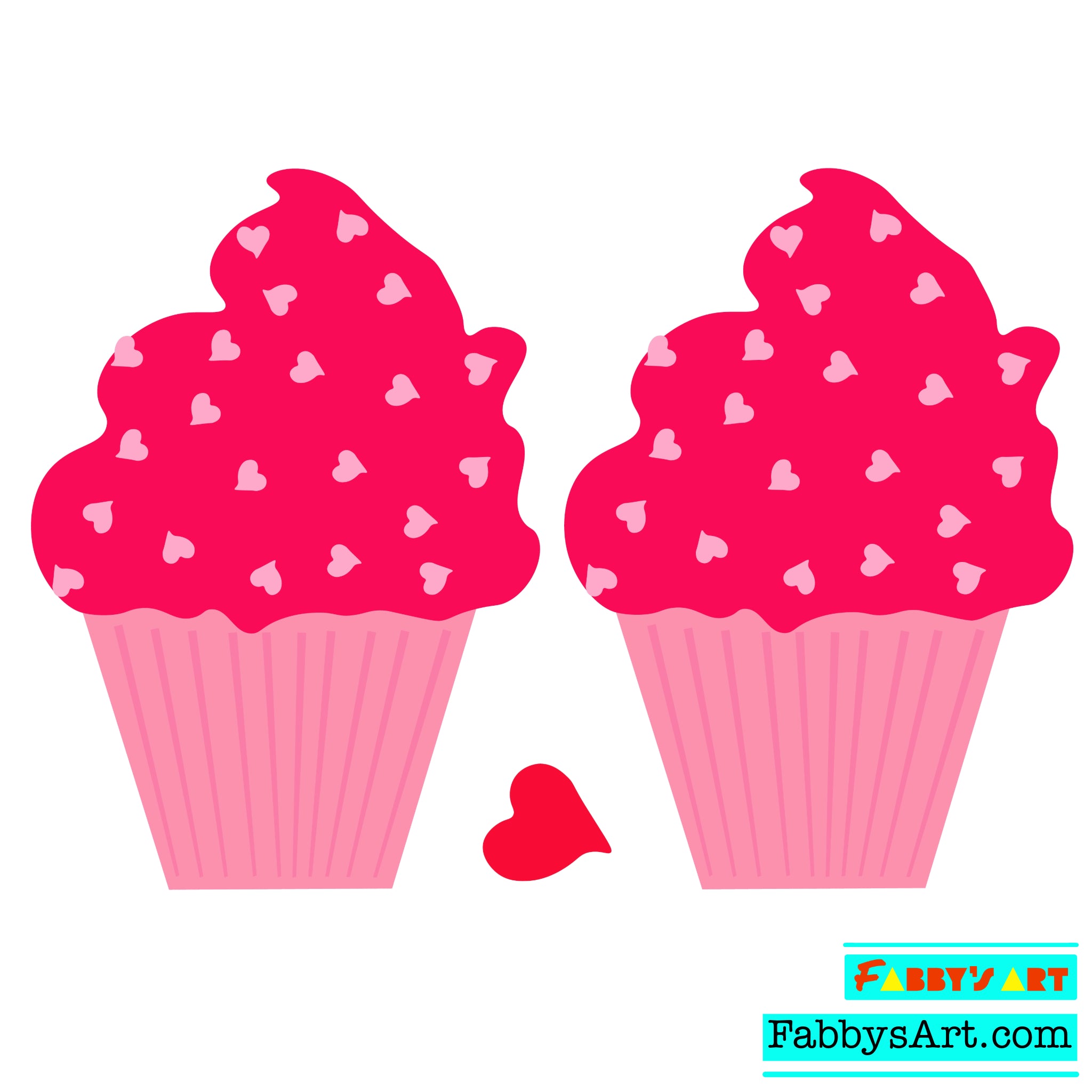 Two cupcakes in pink with small hearts in the frosting