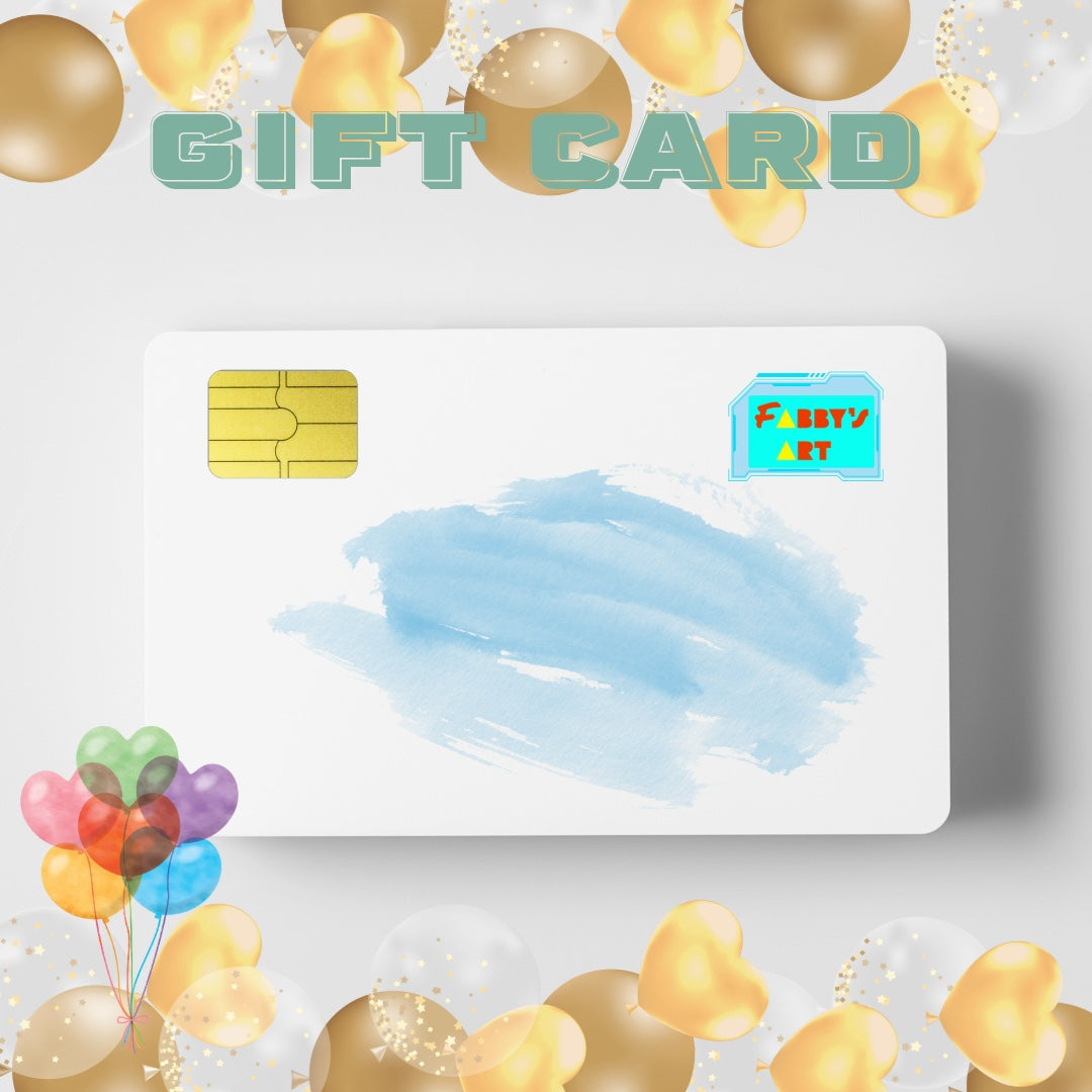 Gift card of watercolor paint and balloons around it for Fabbys Art