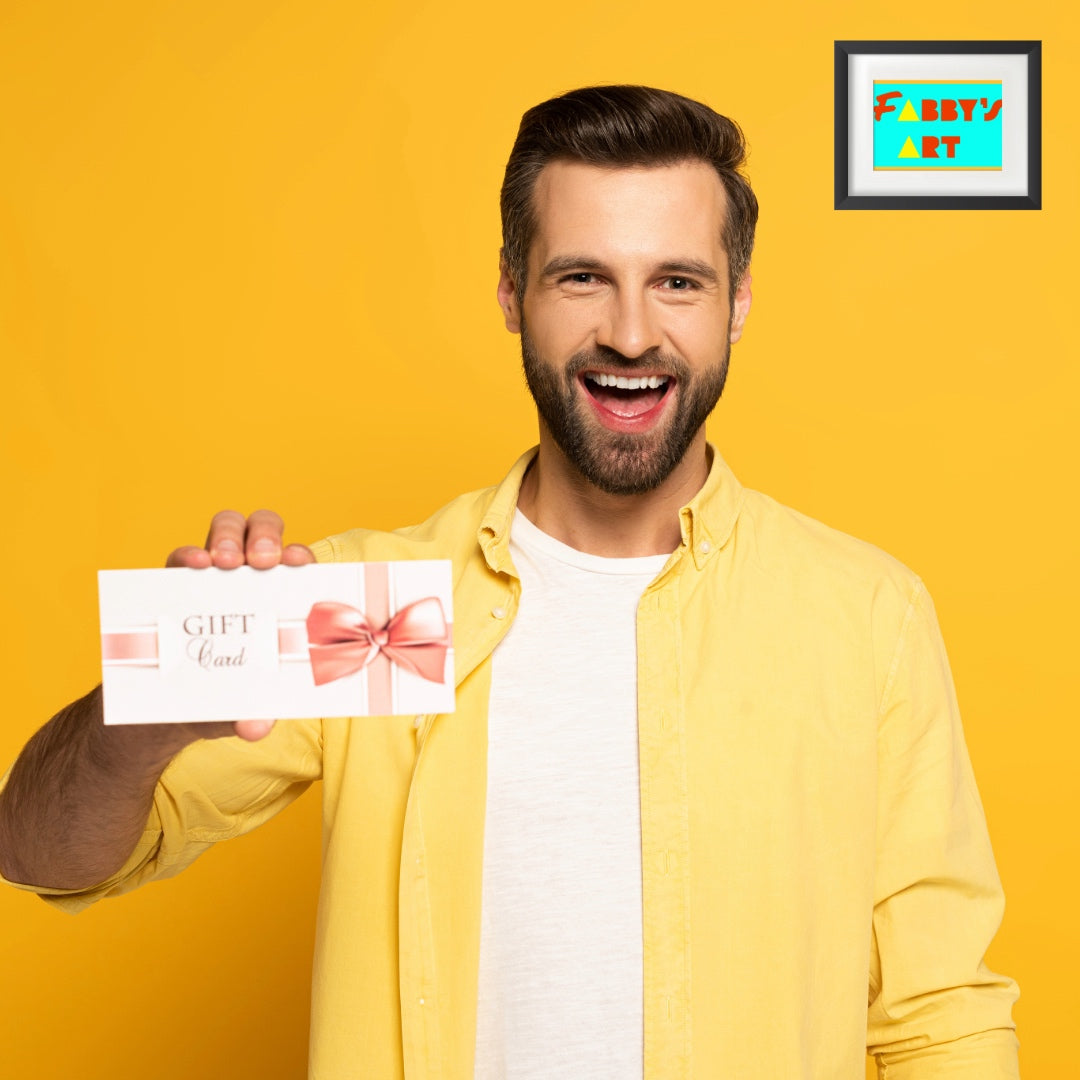 Man holding gift card for Fabbys Art