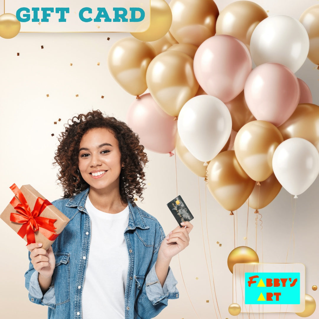 Woman holding a gift card and a gift box with balloon on the back for Fabbys Art