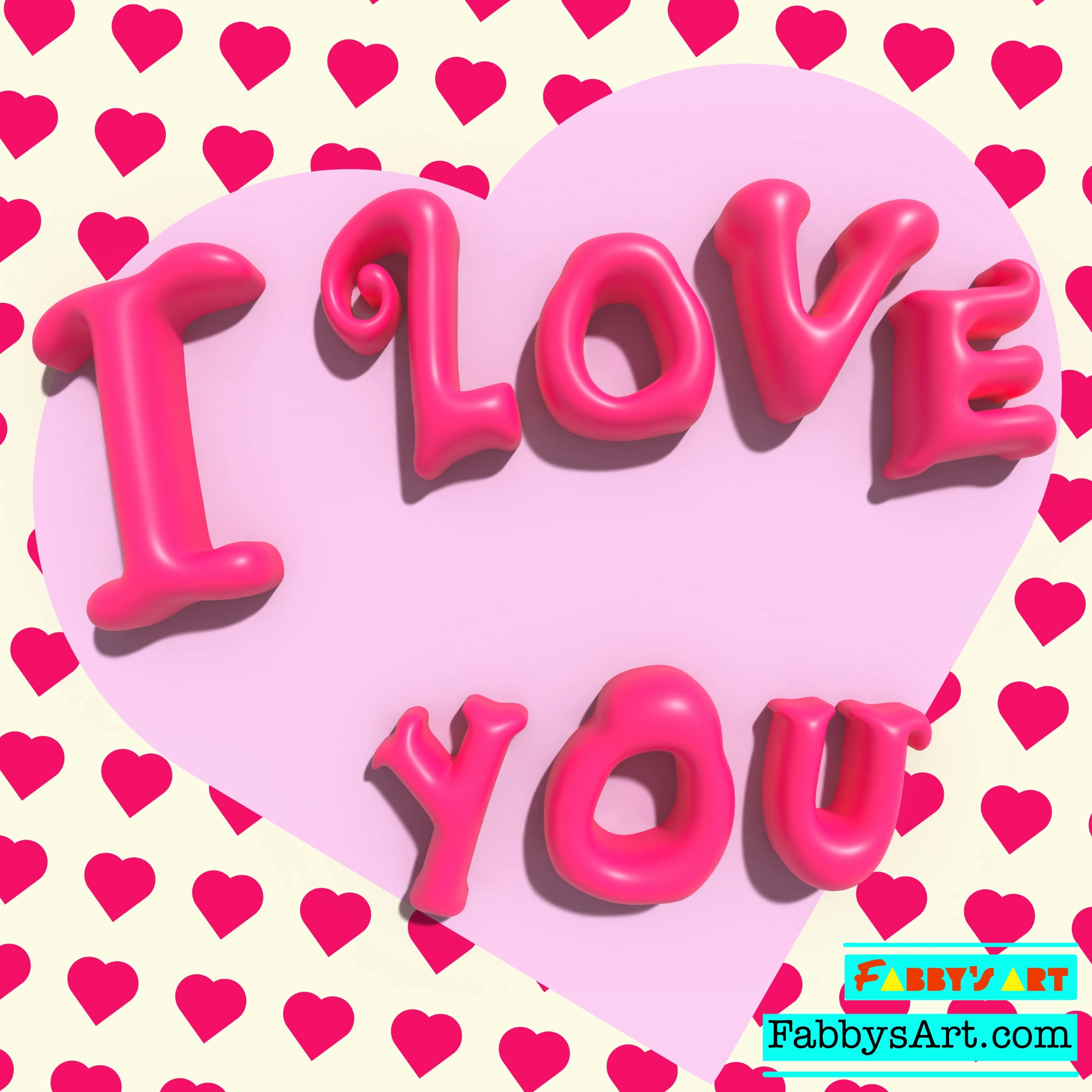 “I love you” text in 3D on a pink heart and small hearts in the background