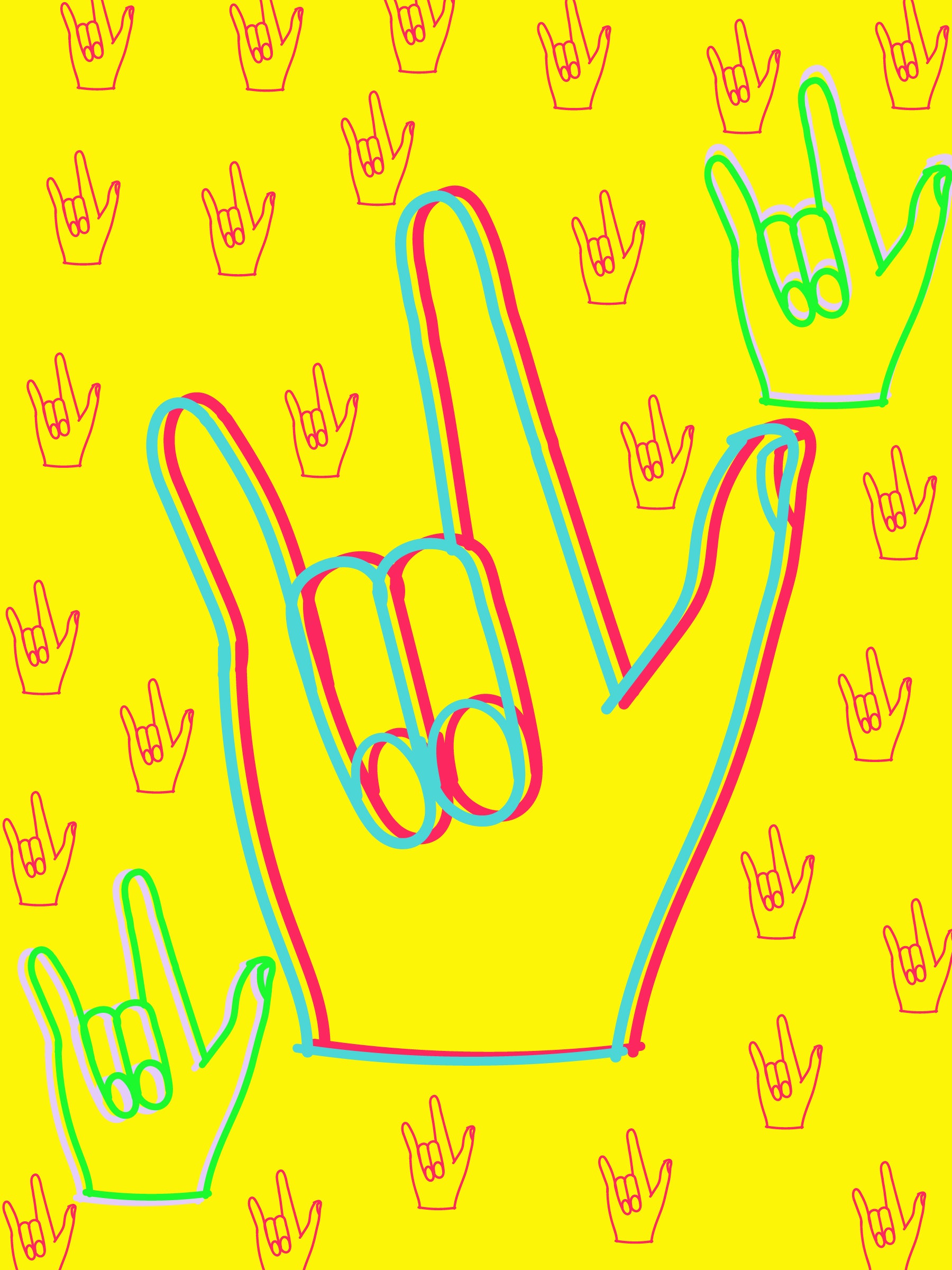 Sign language signing of I love you as an outline of two different colors, pink and blue. Two more sing of I love you in the top right and bottom left of colors green and light purple. The background is yellow with small size equal signing of I love you in color red.