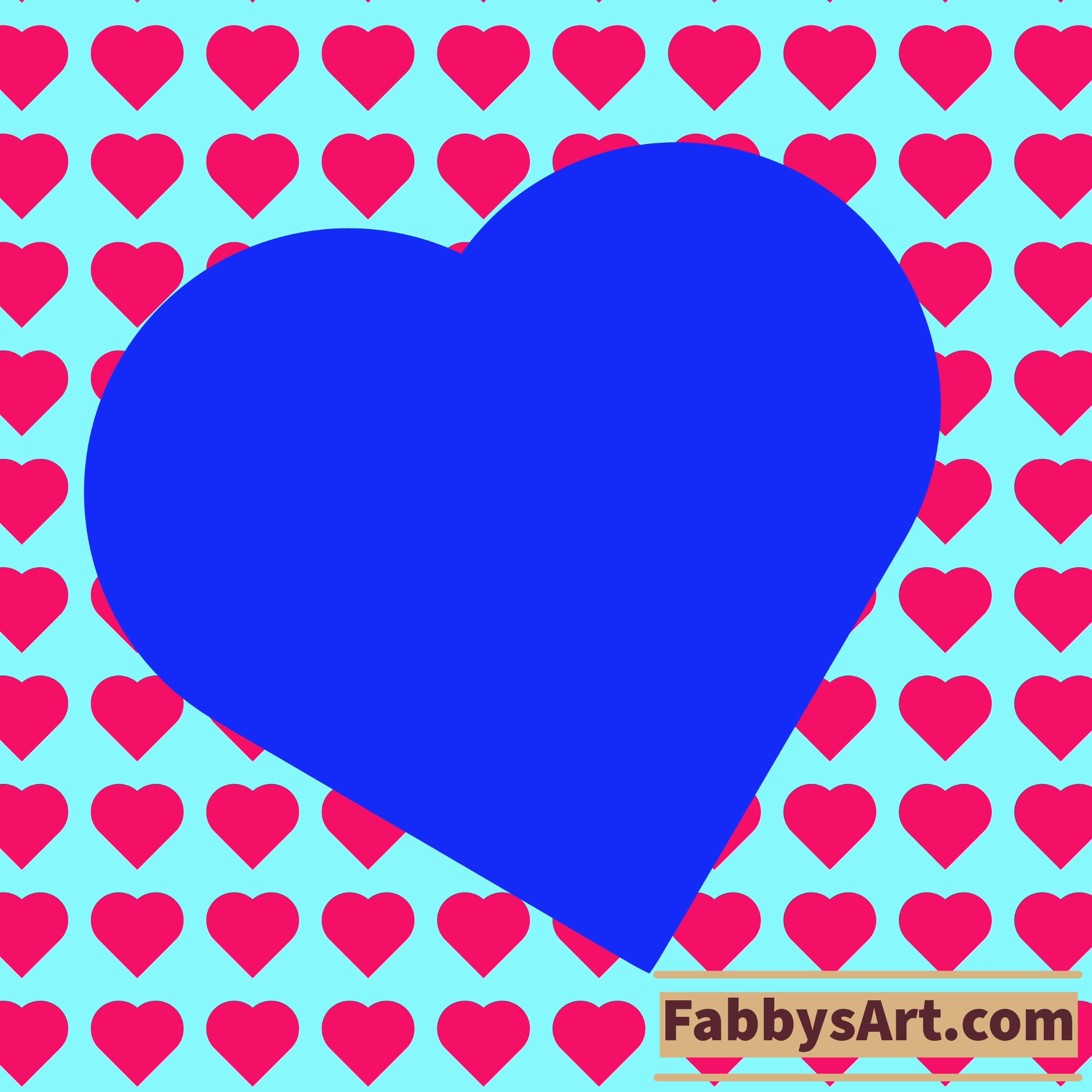 Big blue heart leaned sideways in a patterned background of small pink hearts