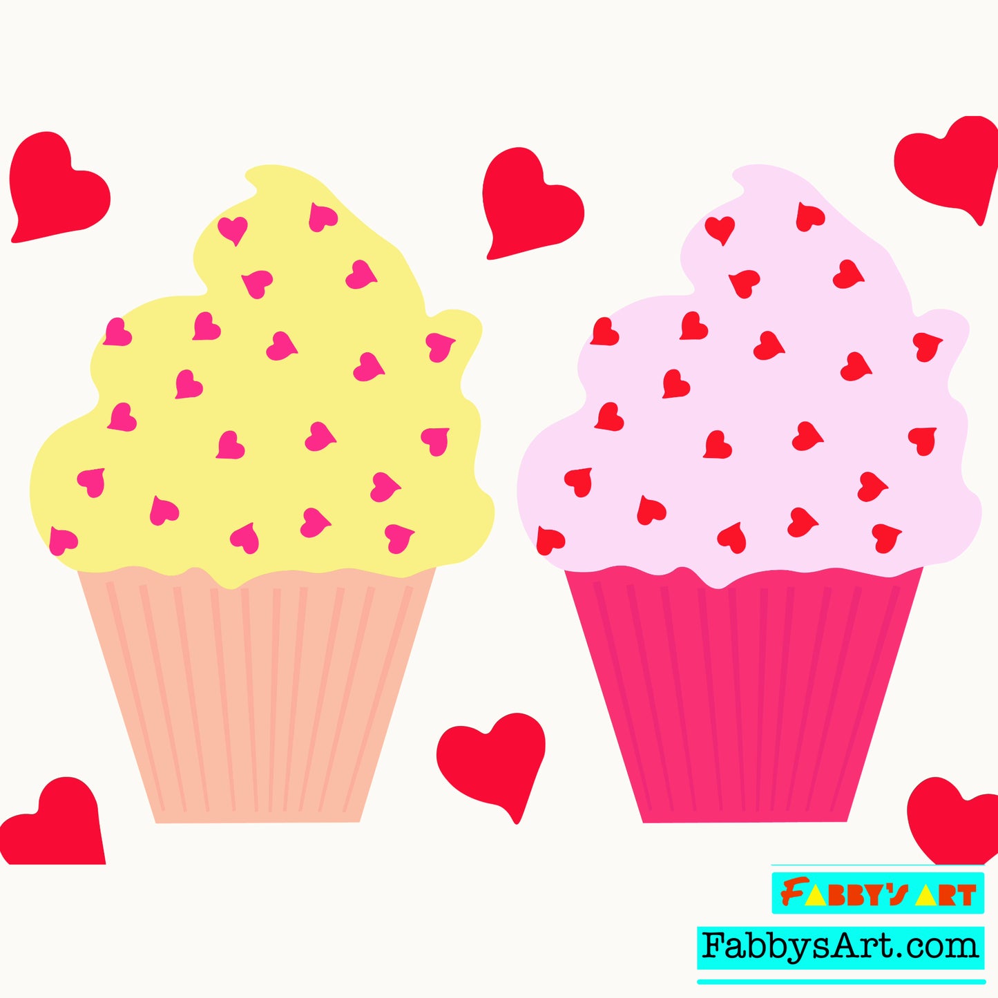 Two cupcakes in pink and yellow with small hearts in the frosting and floating hearts