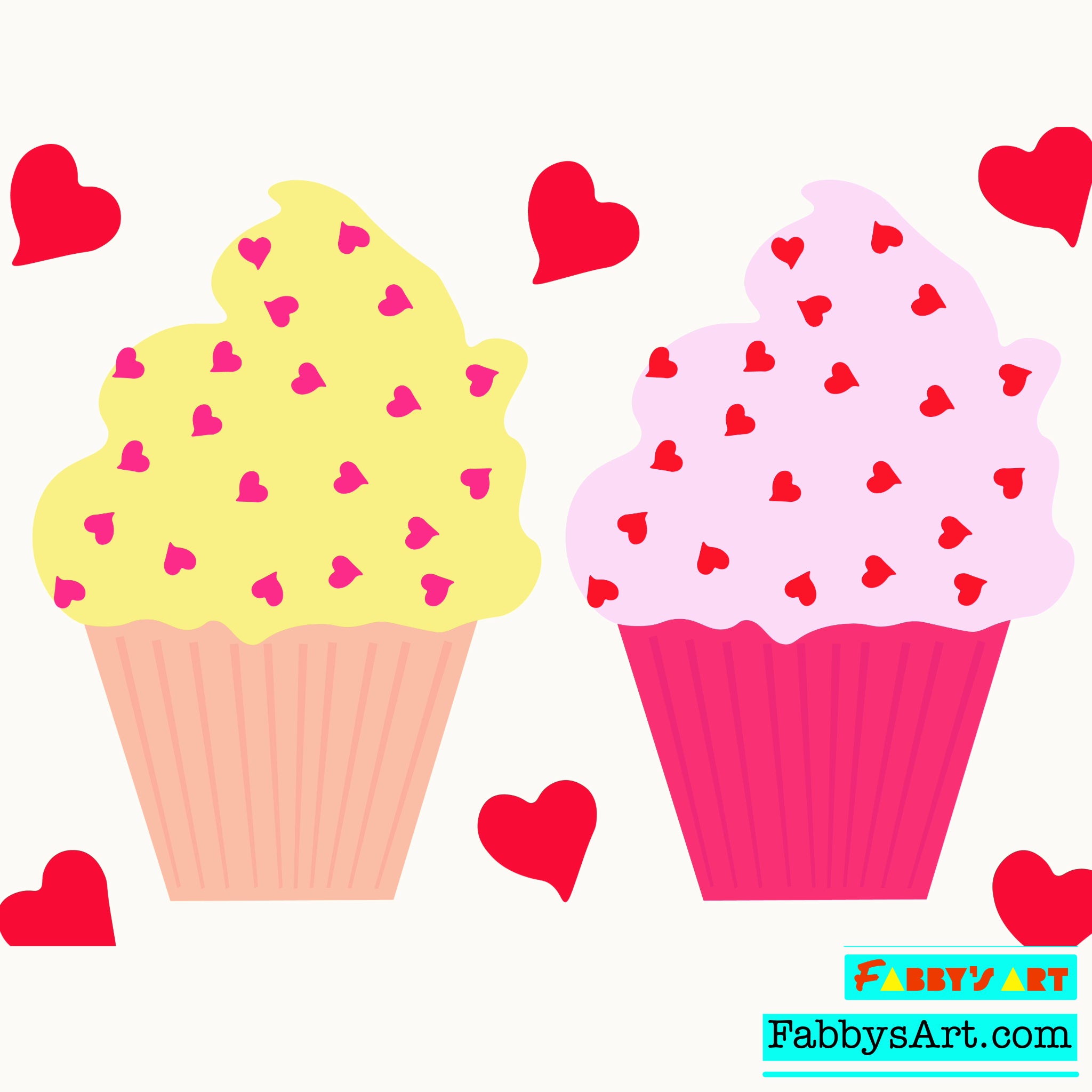 Two cupcakes in pink and yellow with small hearts in the frosting and floating hearts