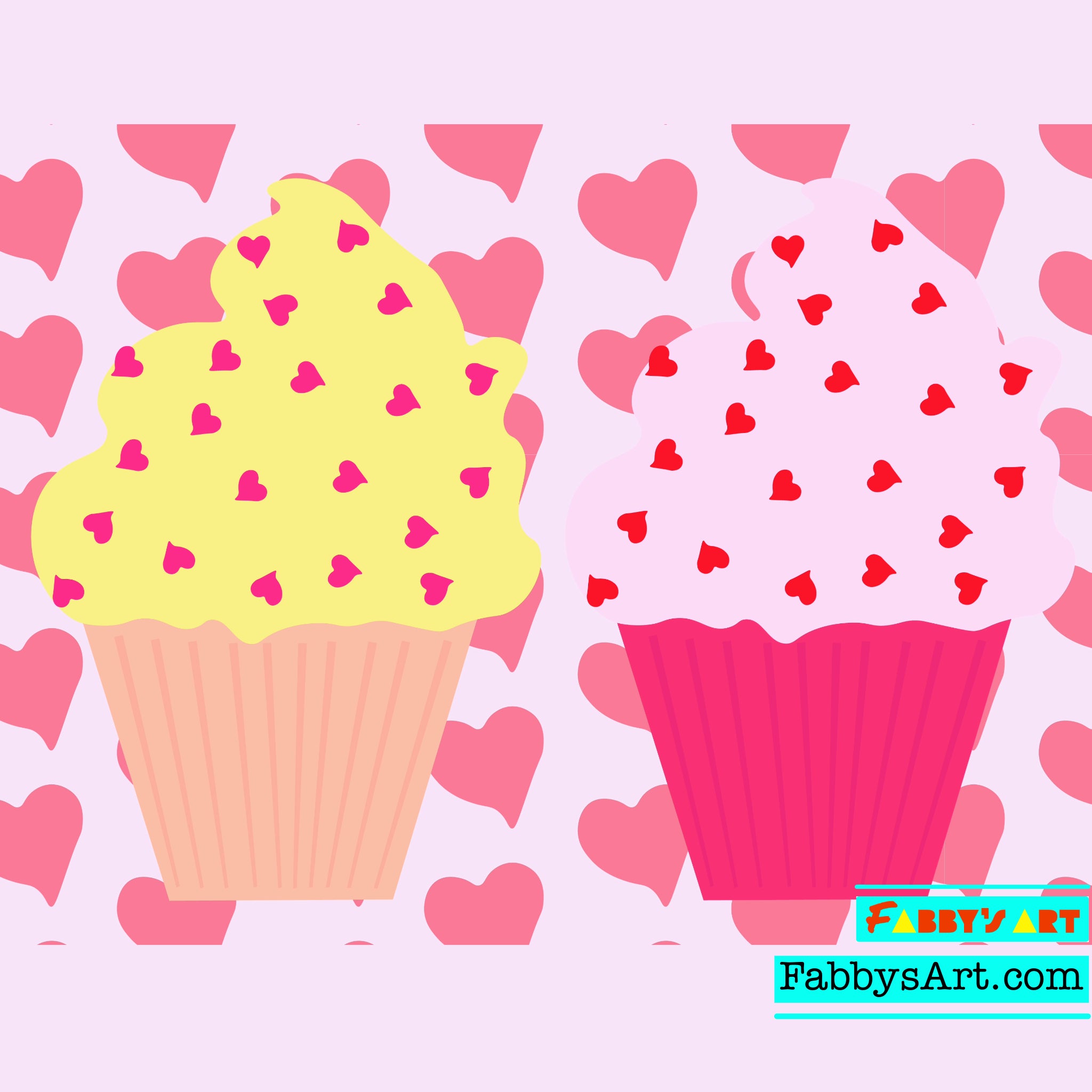 Two cupcakes in pink and yellow with small hearts in the frosting and patterned hearts in the background