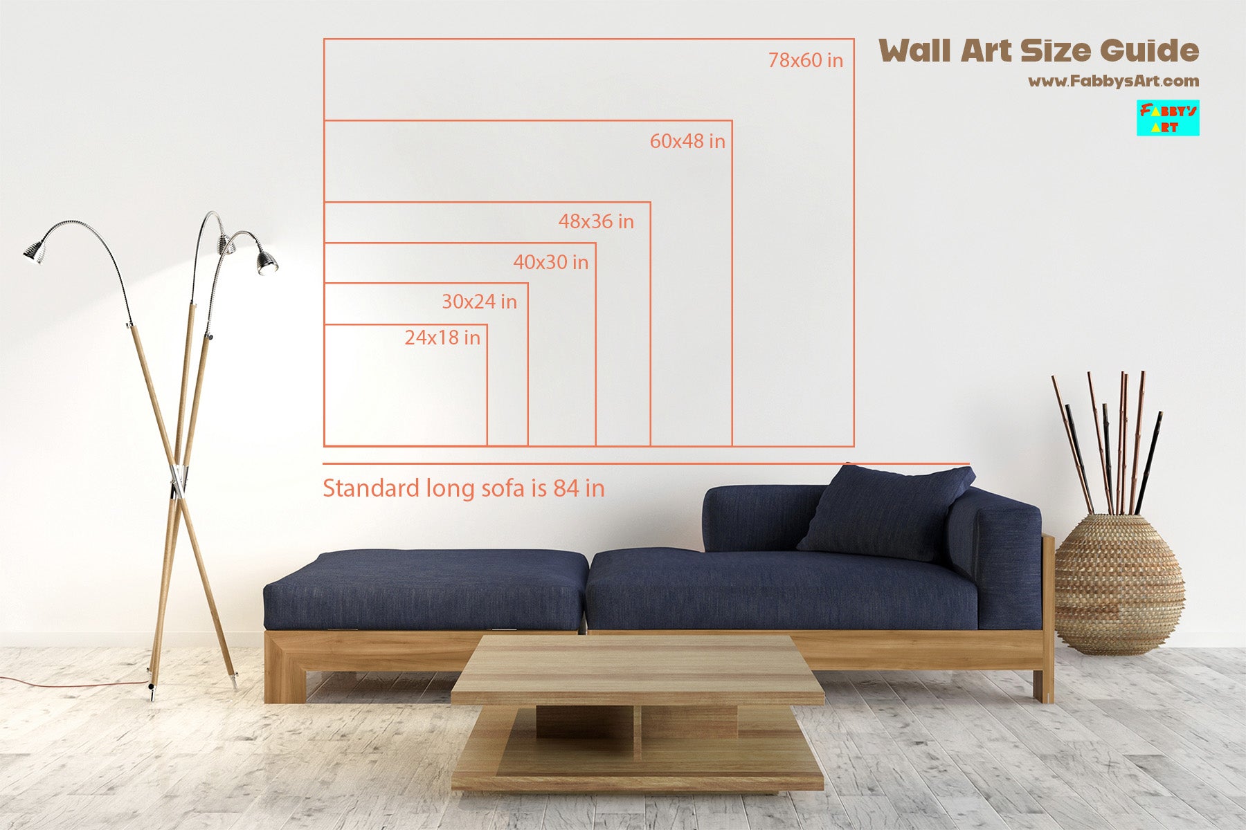 Wall art size guide of 24x18 in to 78x60 in on top of a blue couch for Fabbys Art dot com