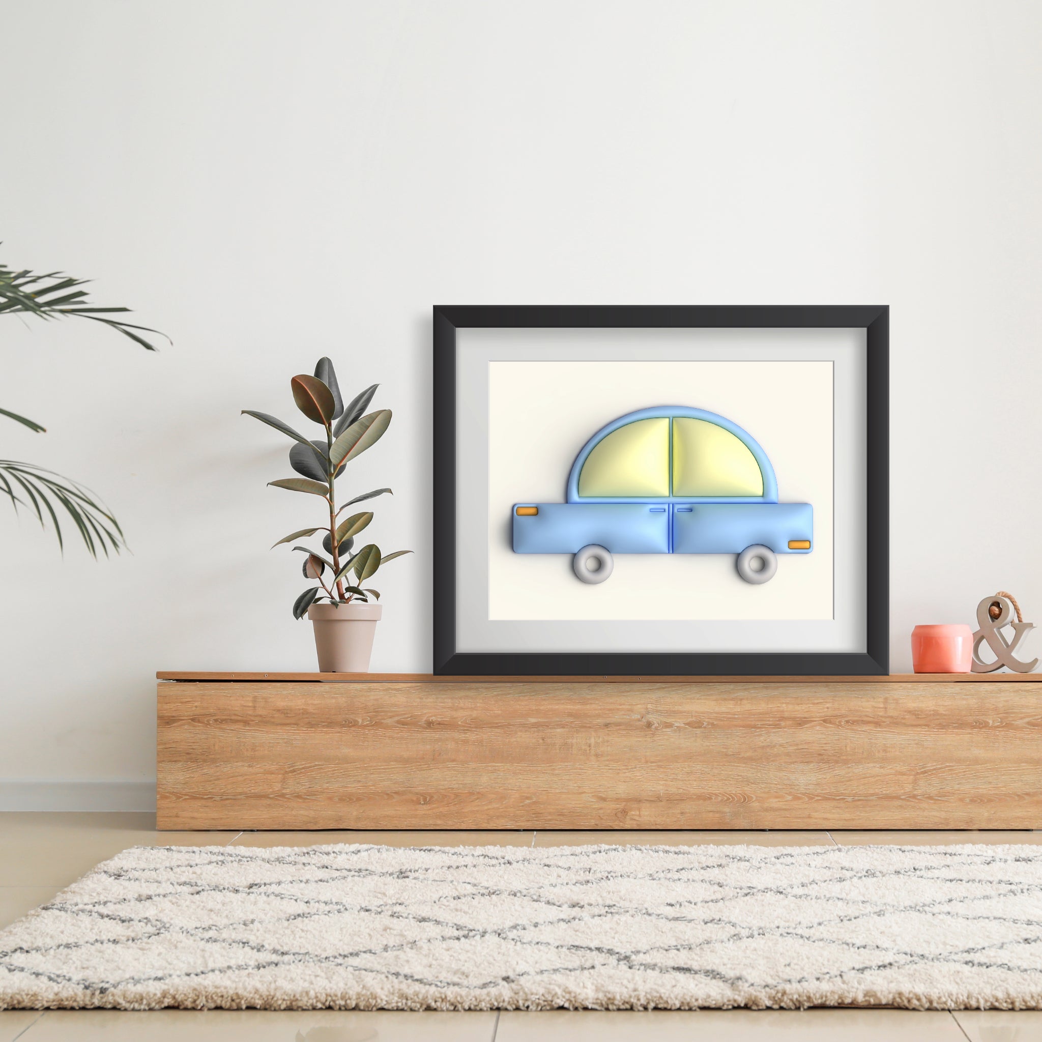 Blue car in yellow Poster