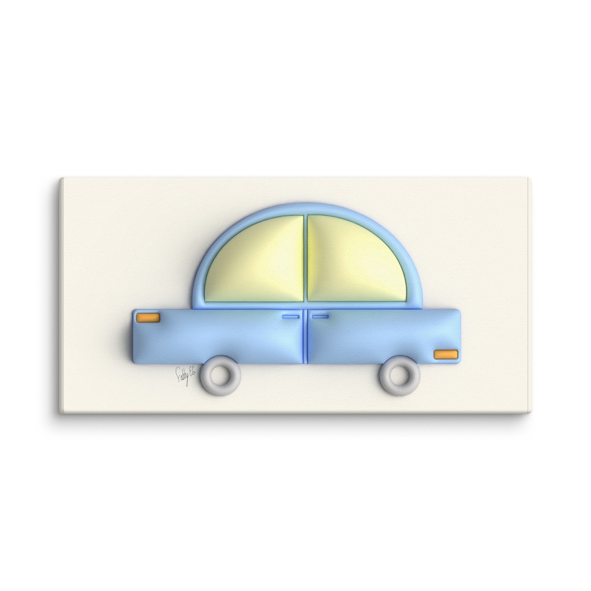 Blue car in yellow canvas print