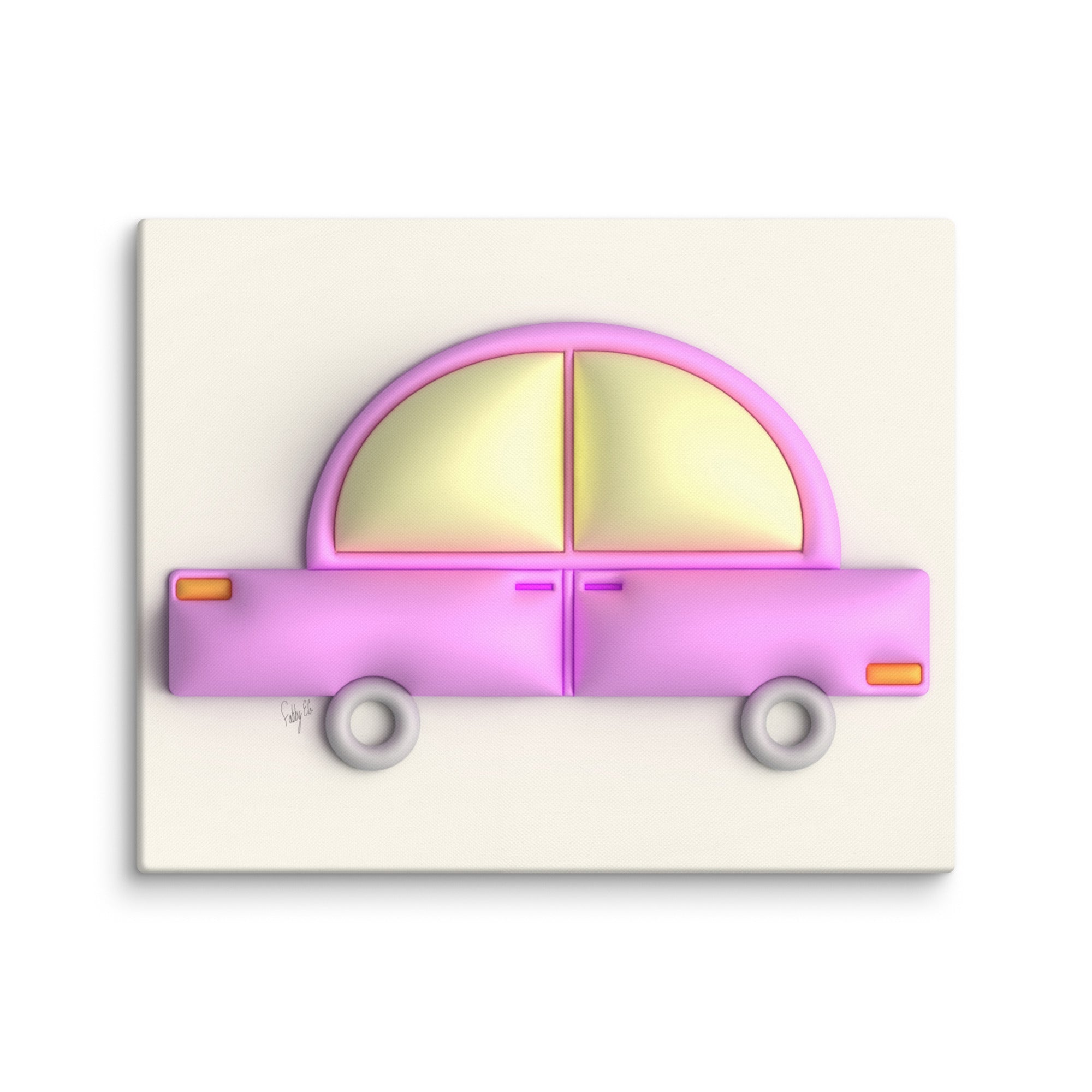 Pink car in yellow canvas print