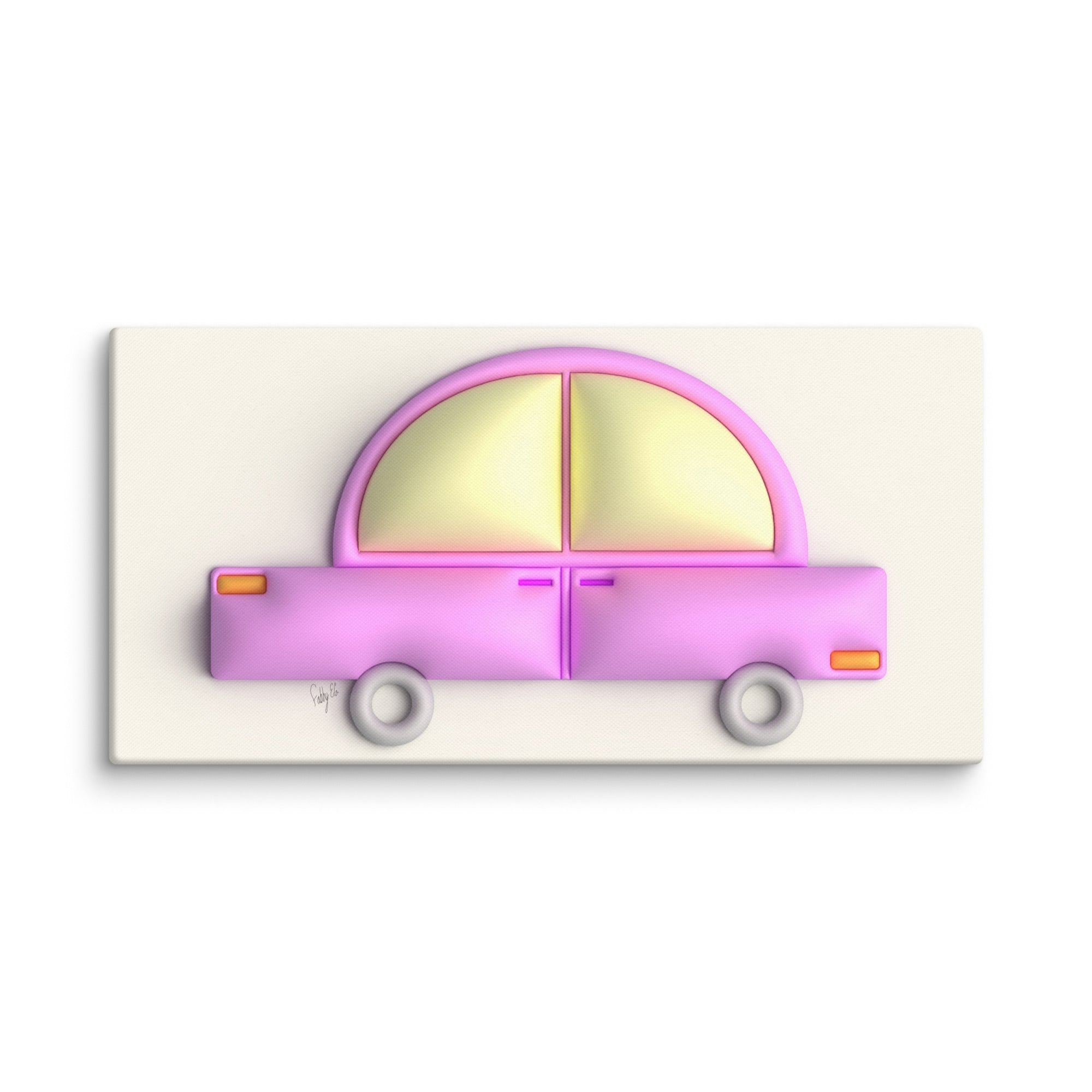 Pink car in yellow canvas print