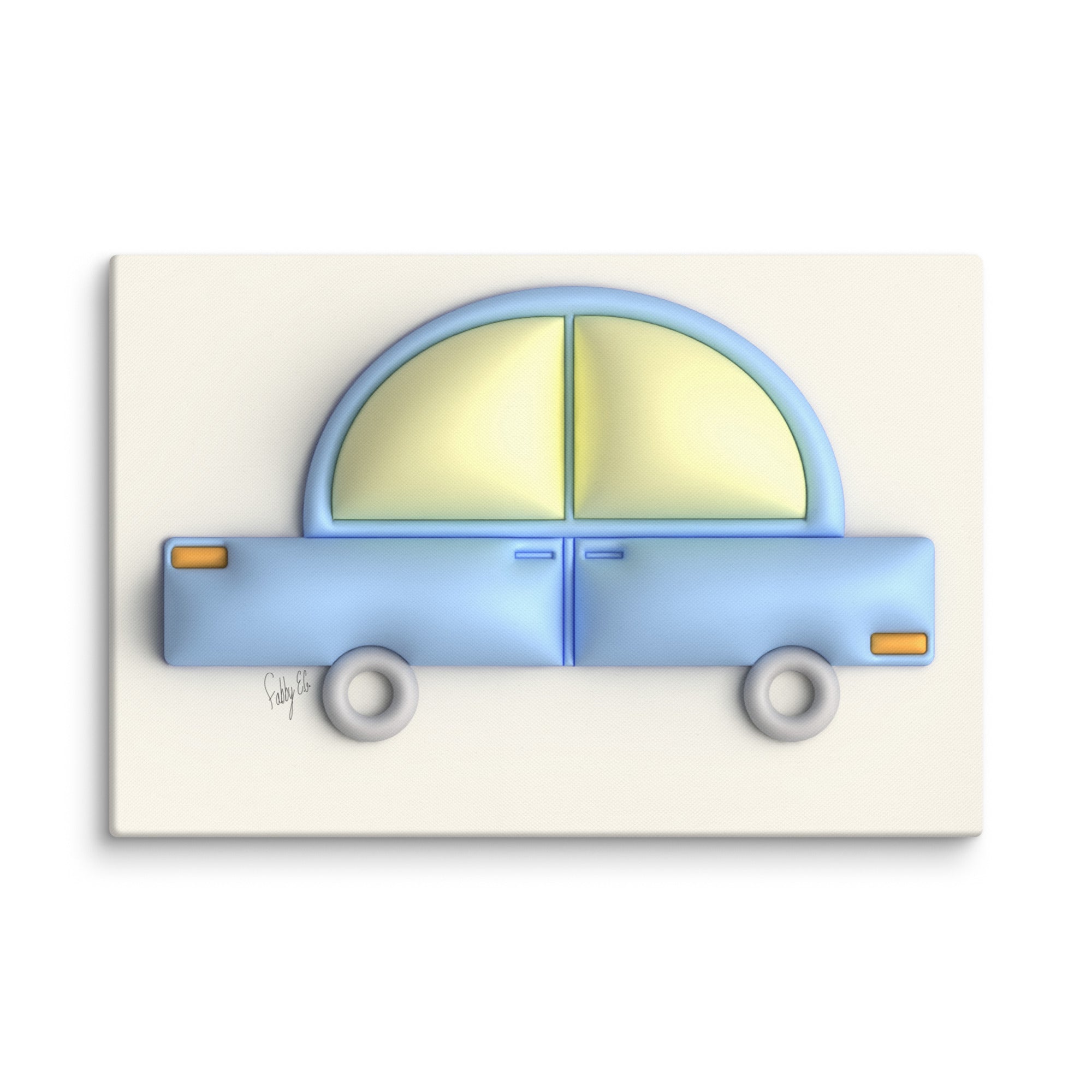 Blue car in yellow canvas print