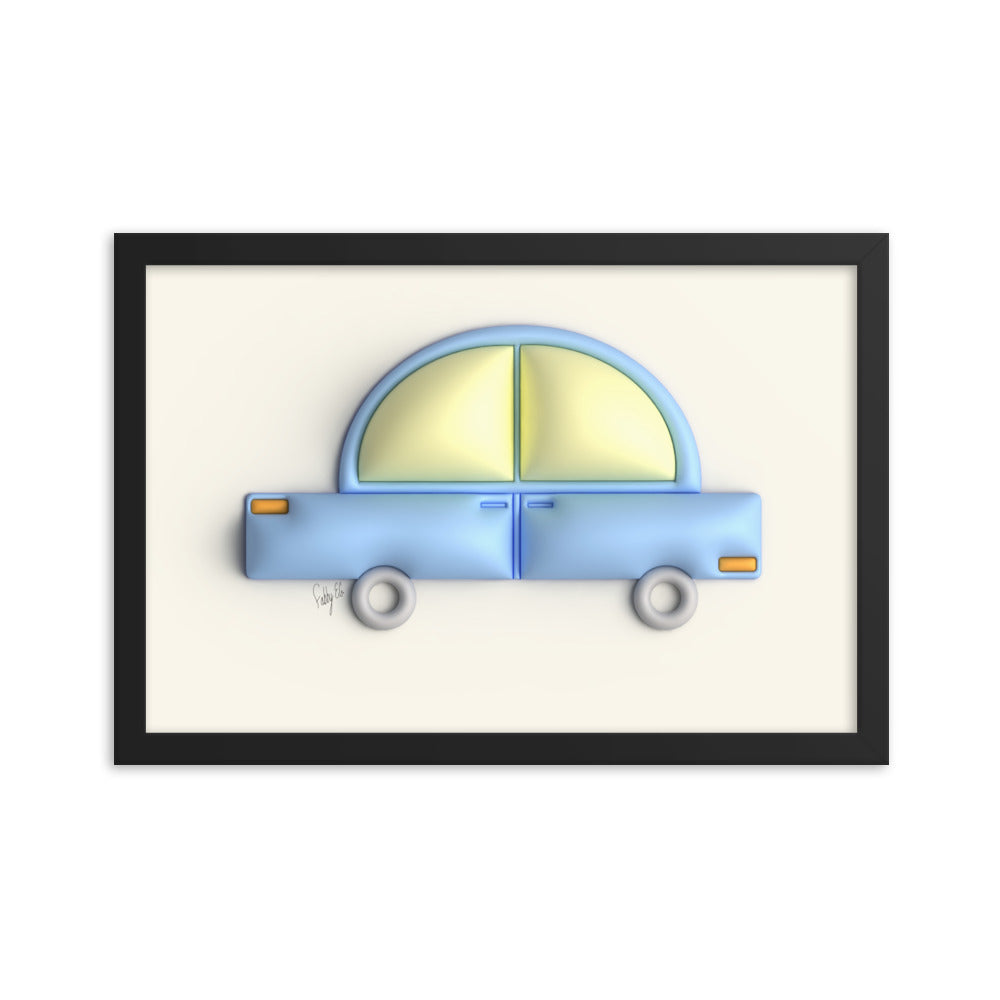 Blue car in yellow framed poster