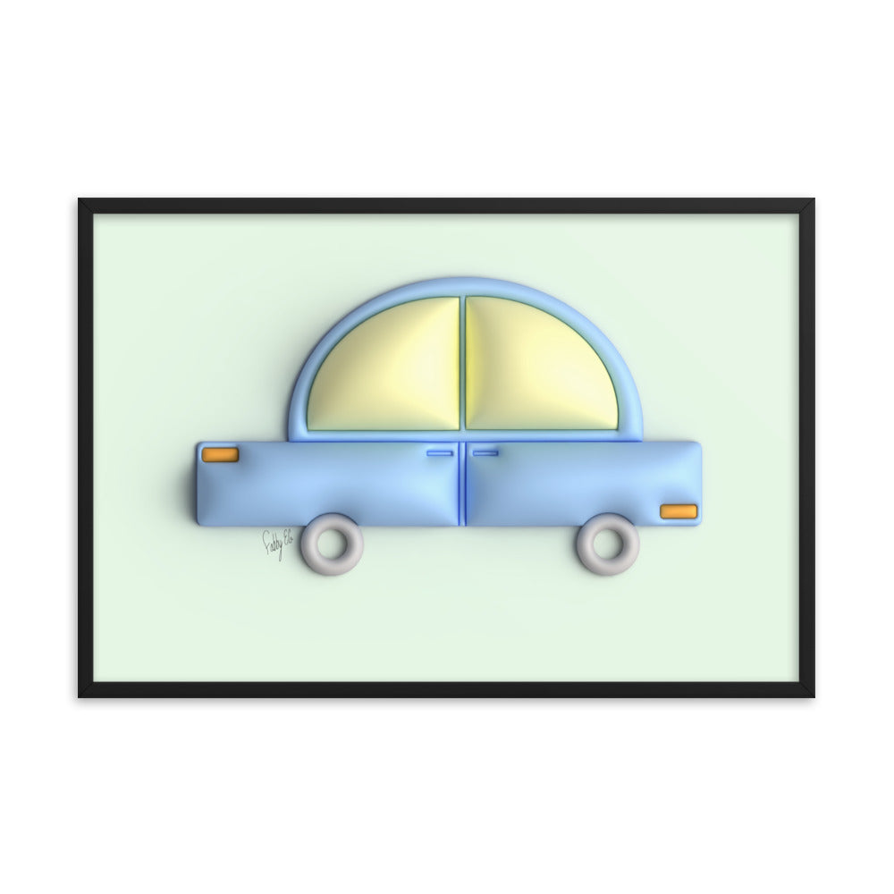 Blue car in green framed poster