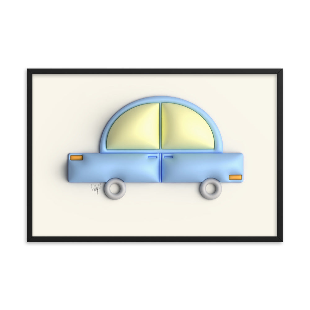 Blue car in yellow framed poster