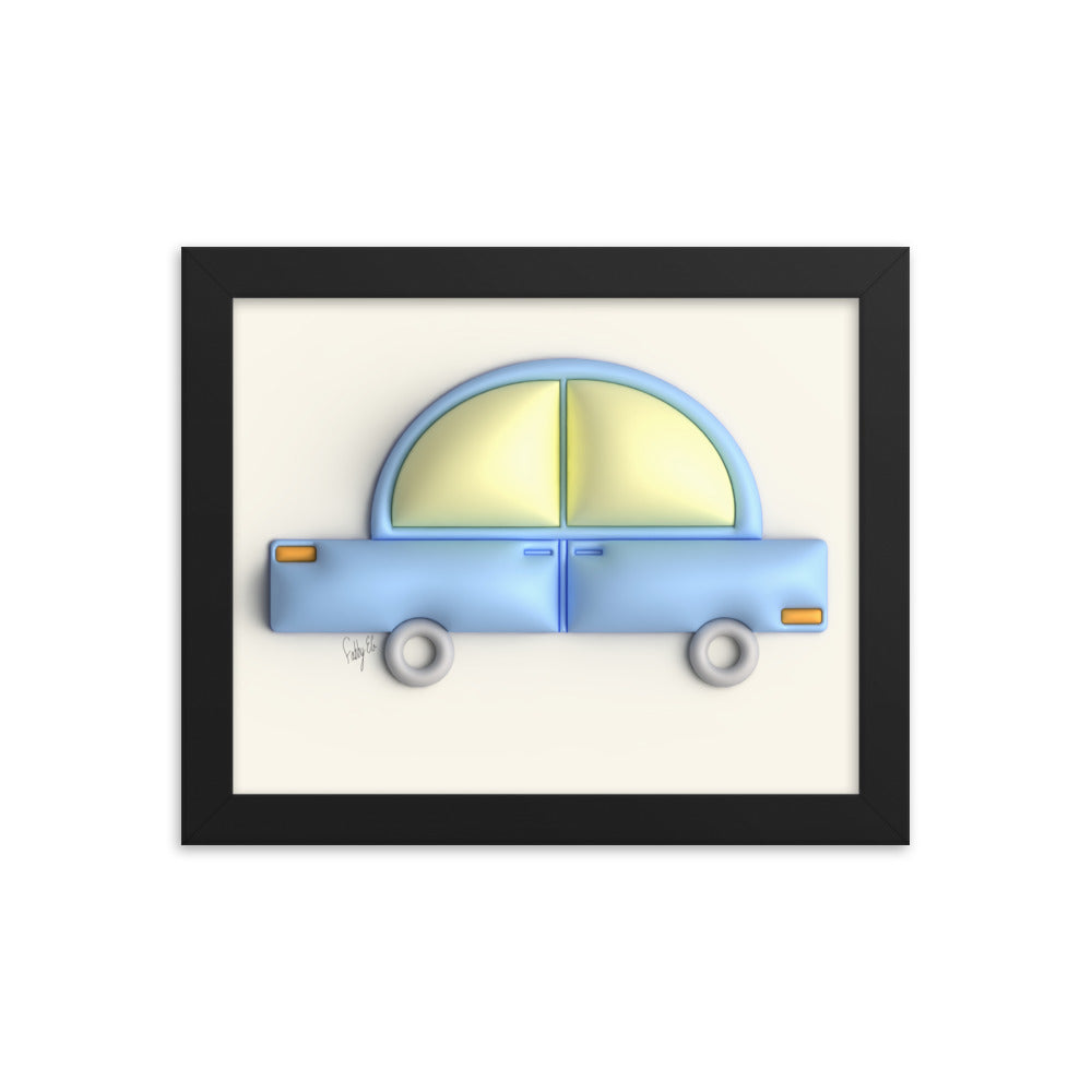 Blue car in yellow framed poster