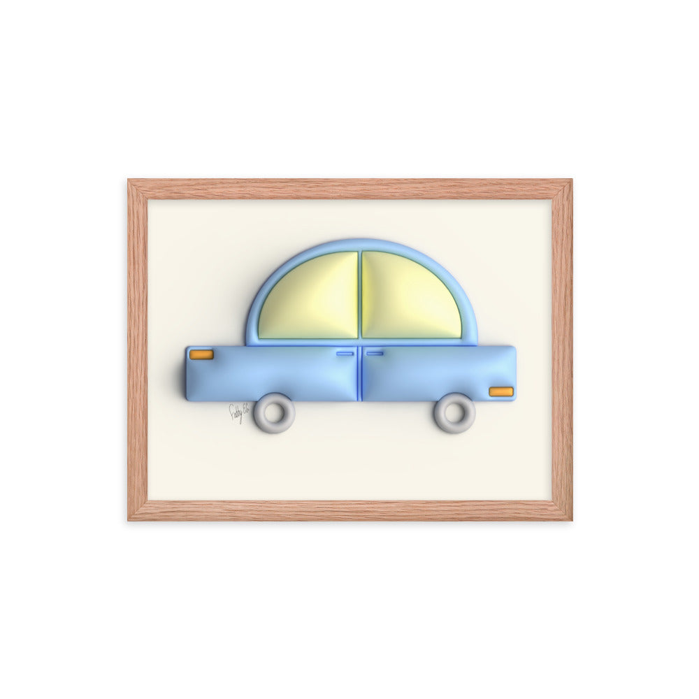 Blue car in yellow framed poster