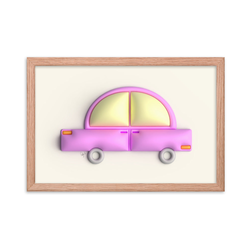 Pink car in yellow framed poster