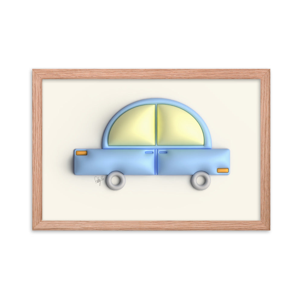 Blue car in yellow framed poster