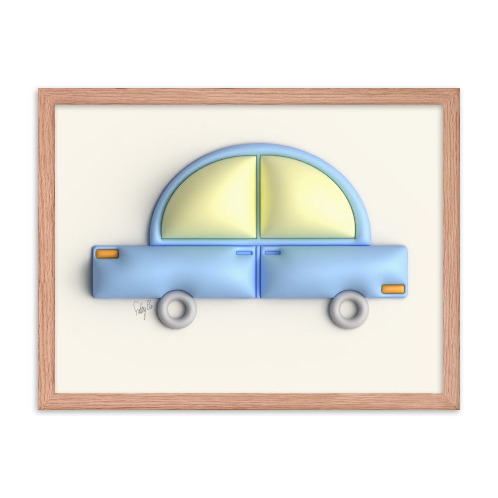 Blue car in yellow framed poster