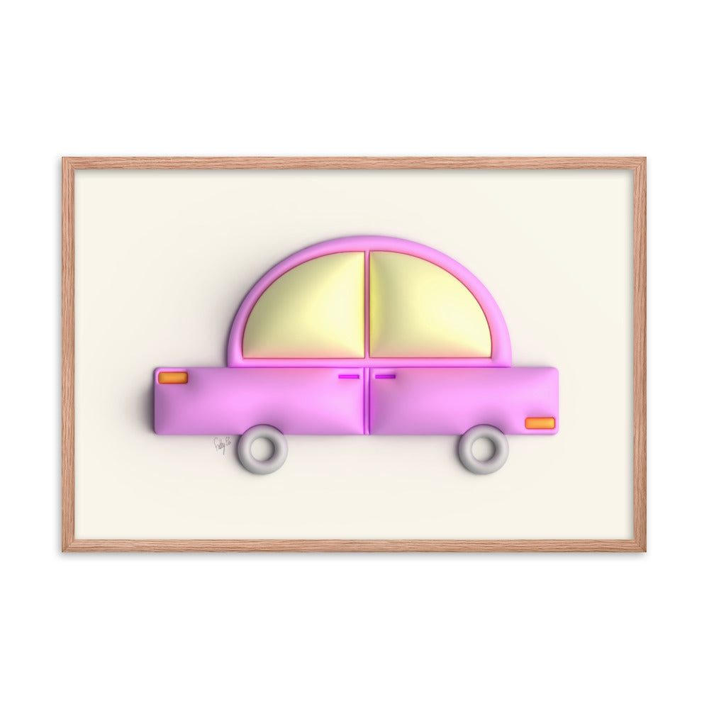 Pink car in yellow framed poster