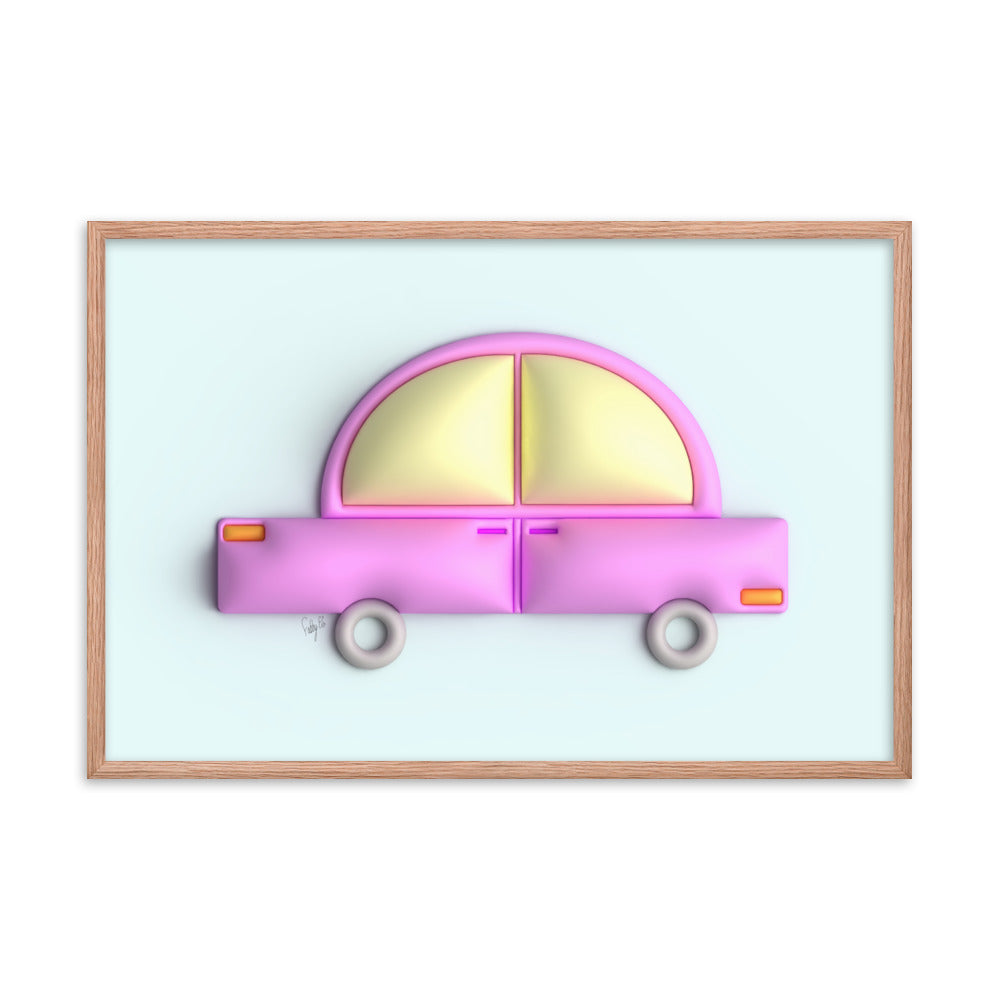 Pink car in blue framed poster