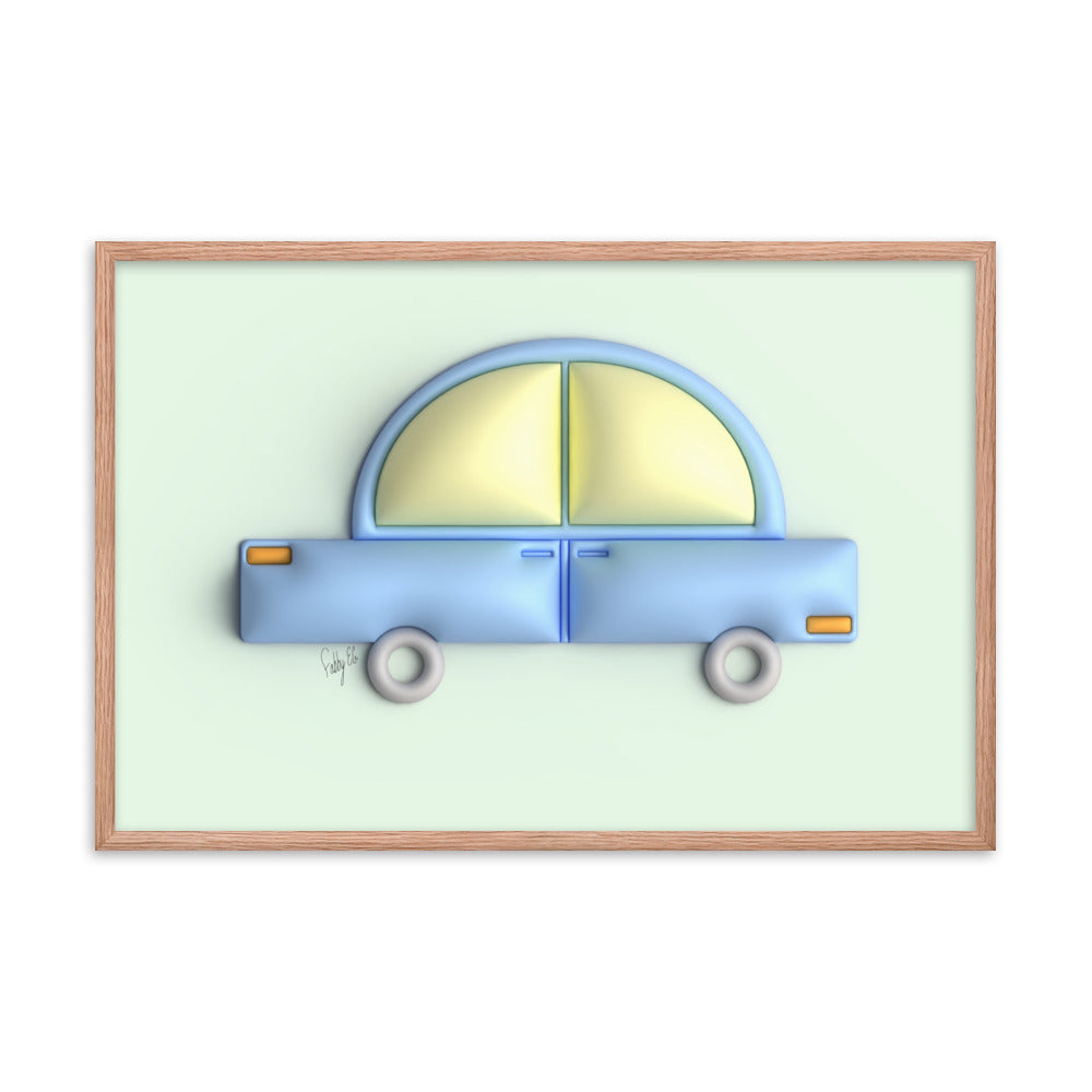 Blue car in green framed poster
