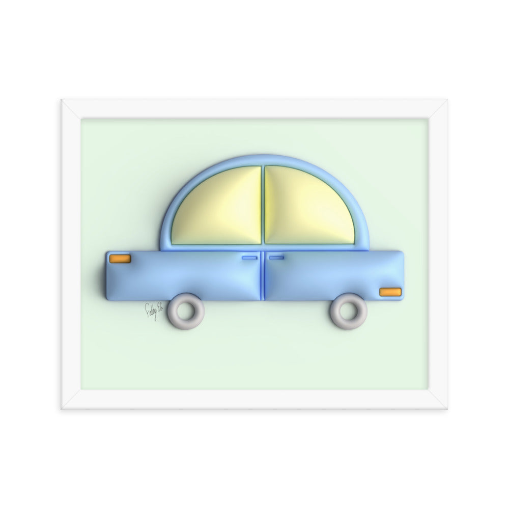 Blue car in green framed poster
