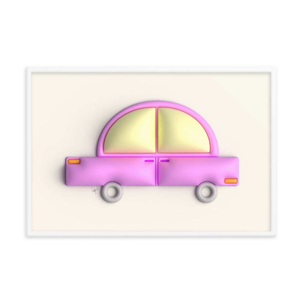 Pink car in yellow framed poster