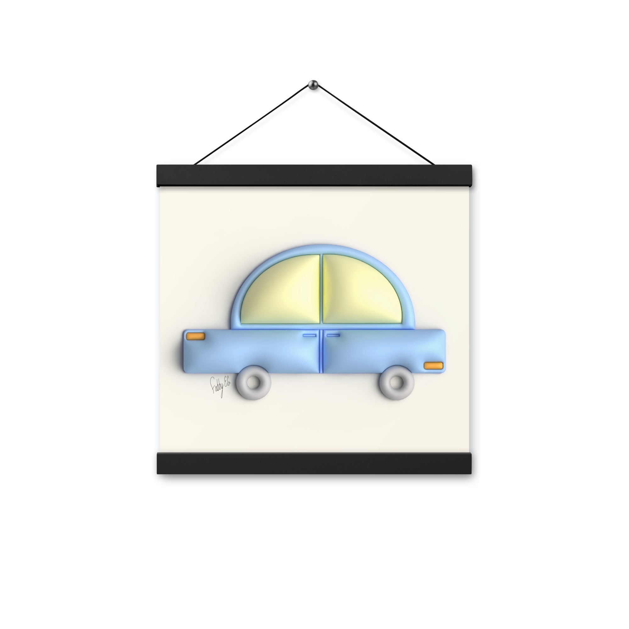 Blue car in yellow Poster with hangers