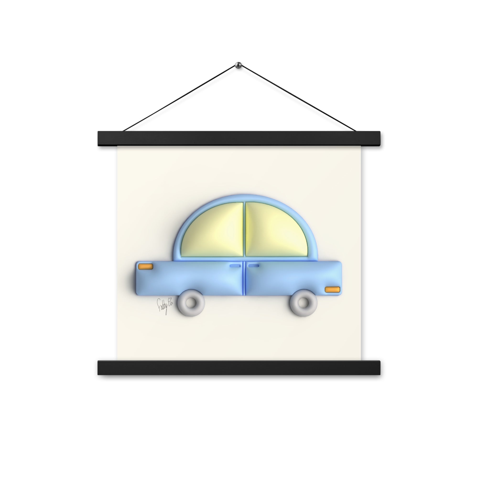 Blue car in yellow Poster with hangers