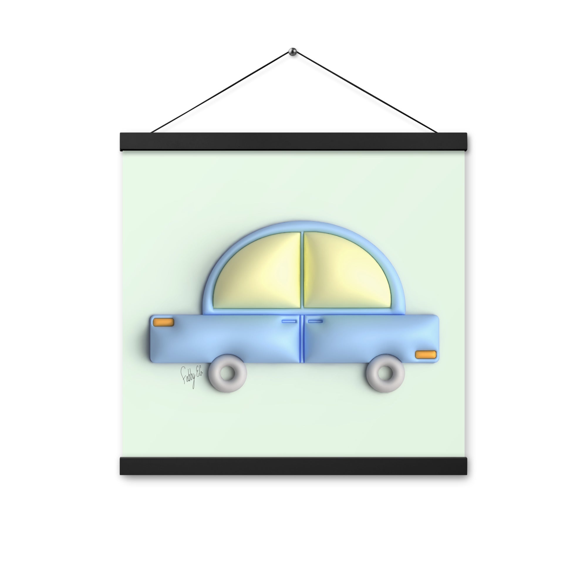 Blue car in green Poster with hangers