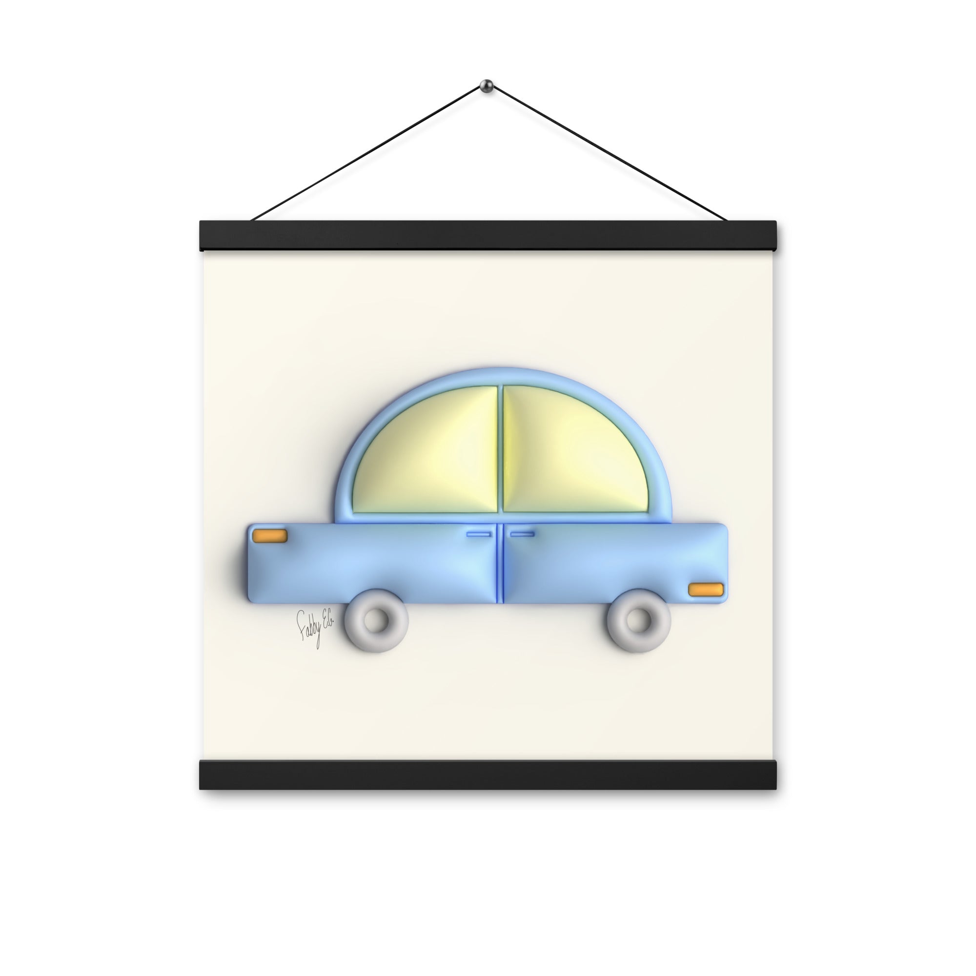 Blue car in yellow Poster with hangers