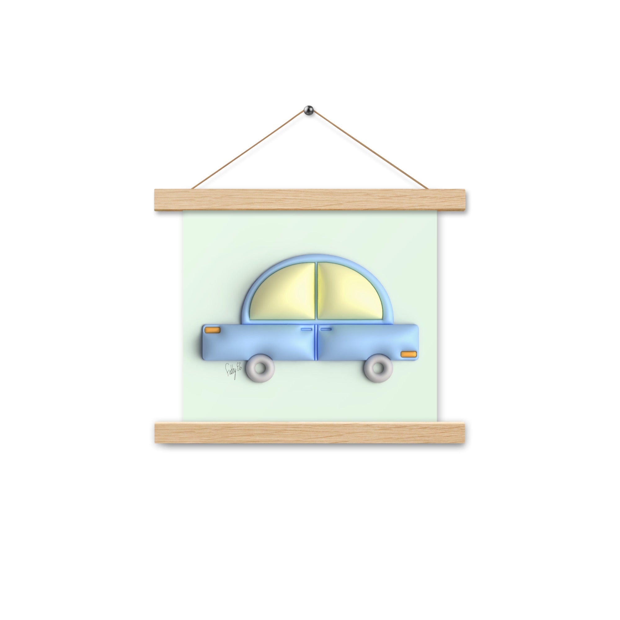 Blue car in green Poster with hangers