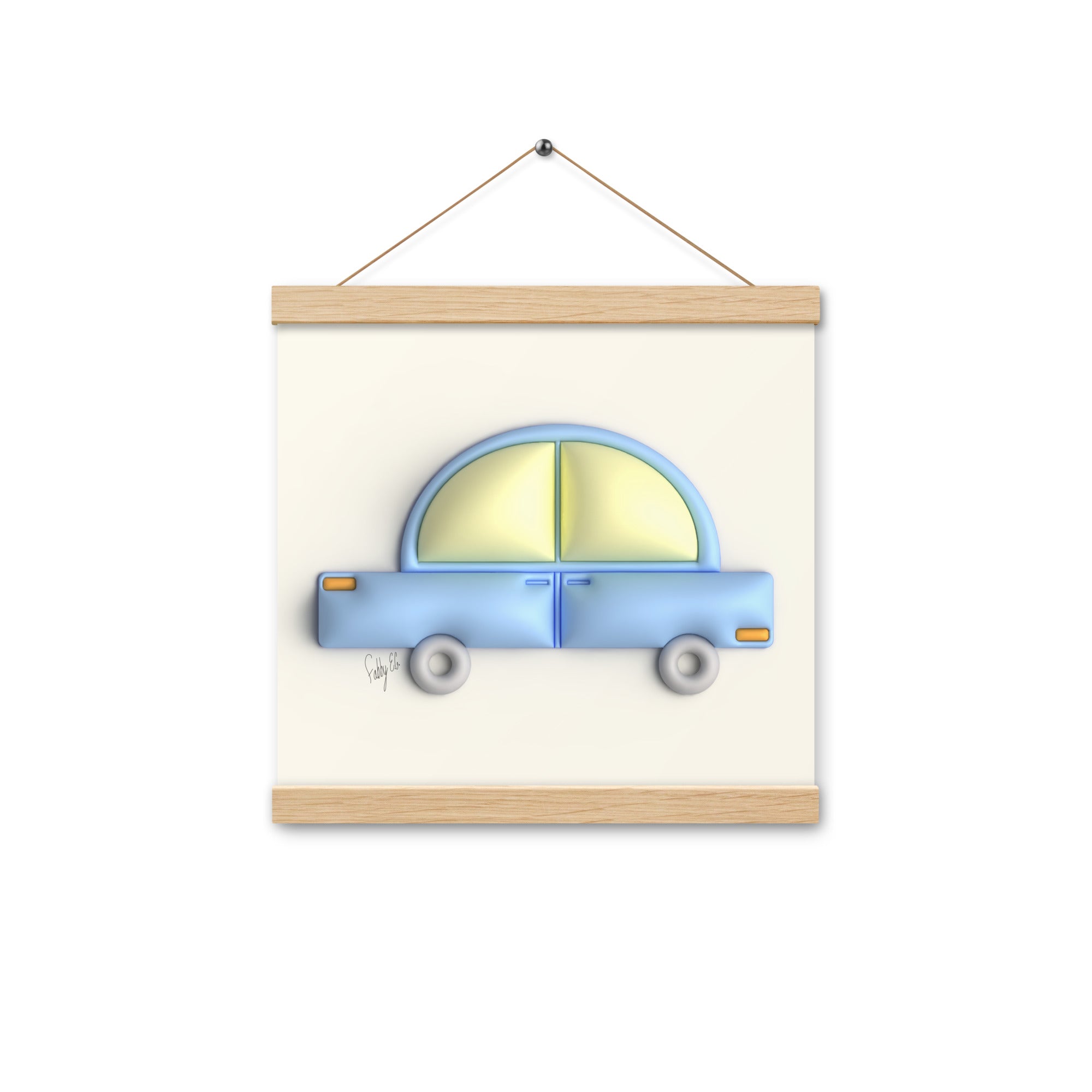 Blue car in yellow Poster with hangers