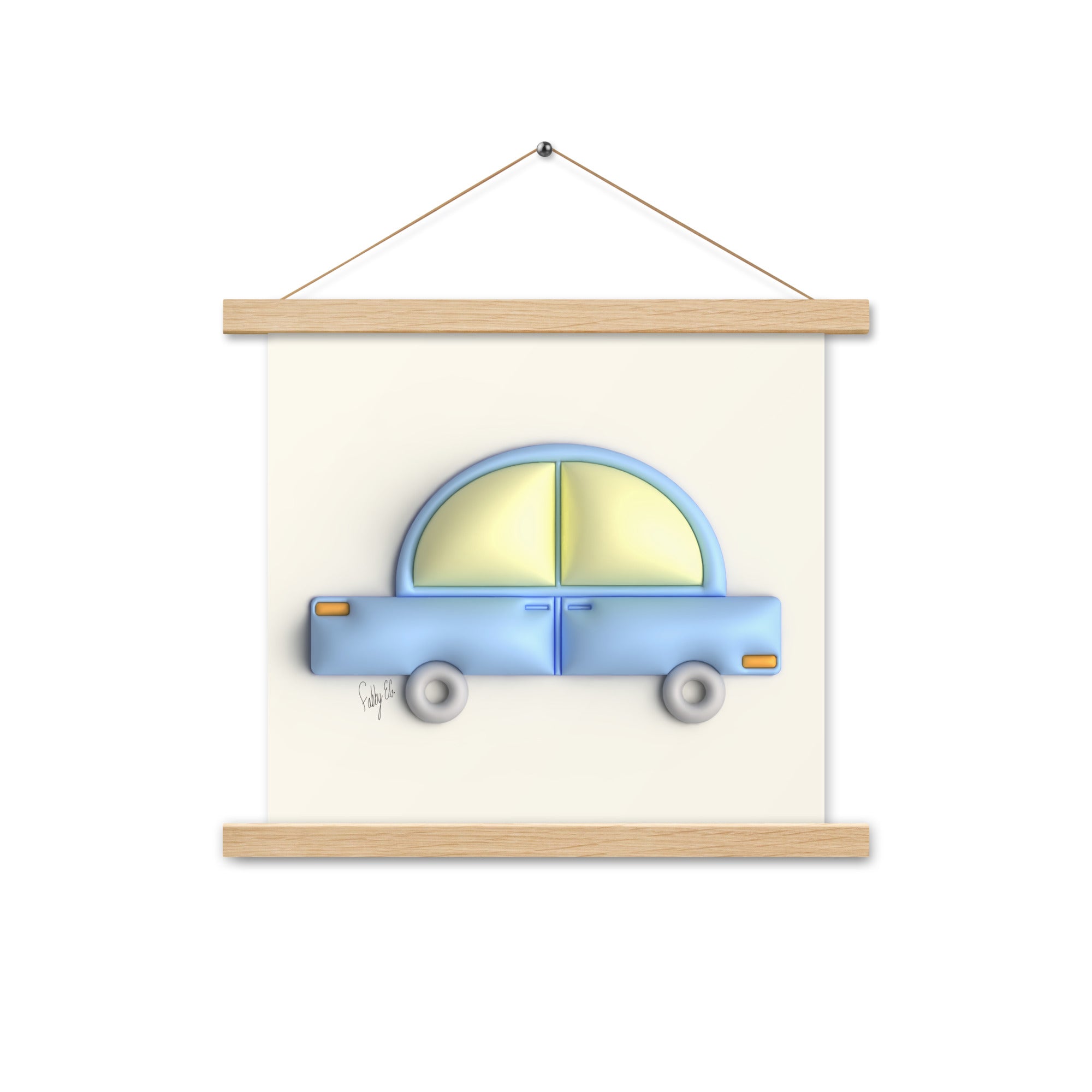 Blue car in yellow Poster with hangers