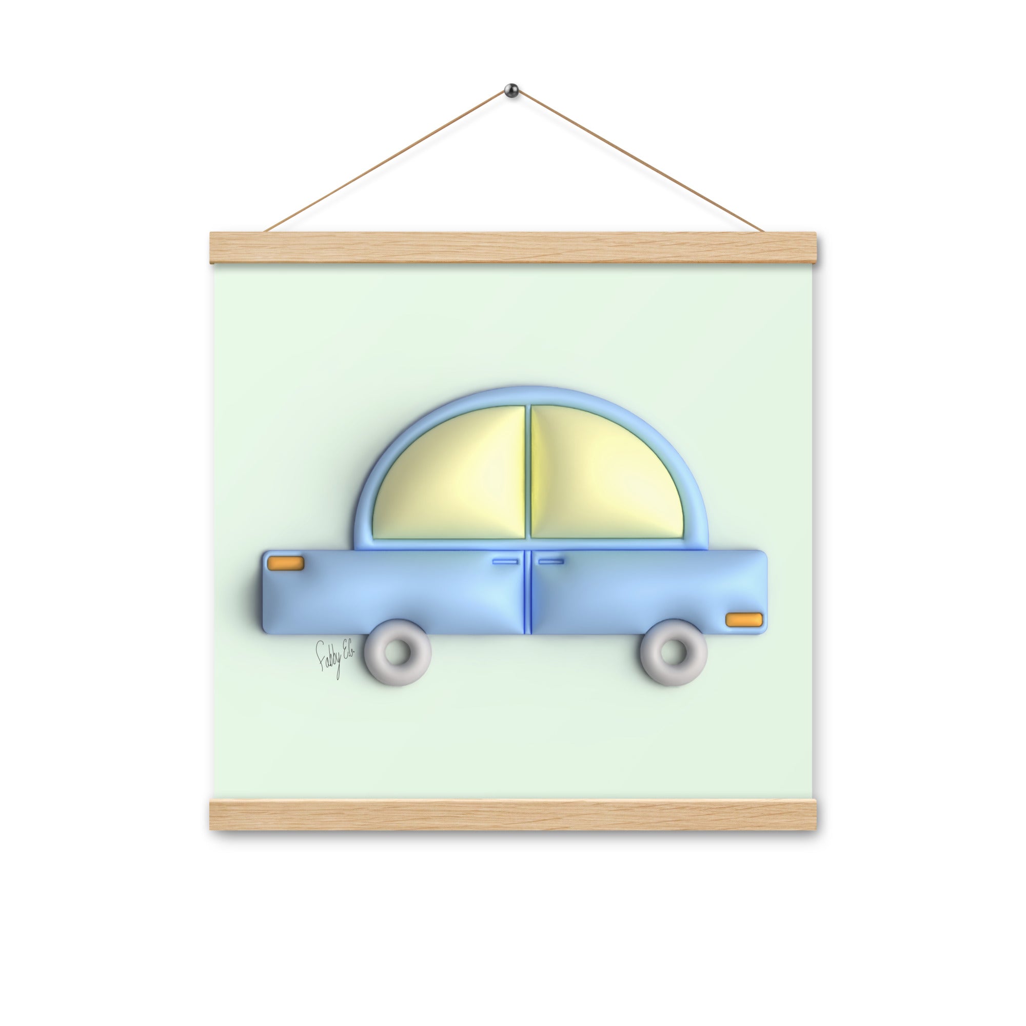 Blue car in green Poster with hangers
