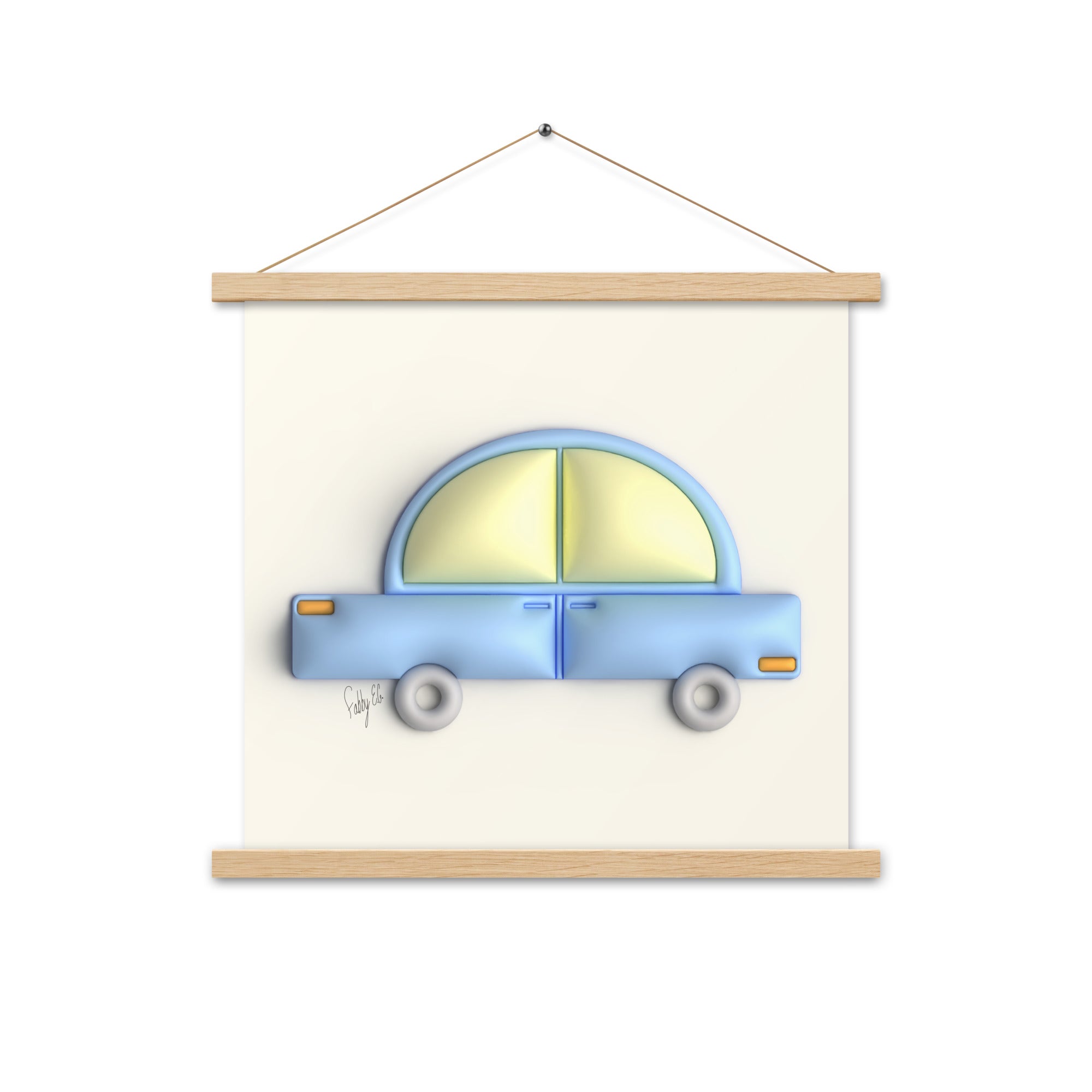 Blue car in yellow Poster with hangers