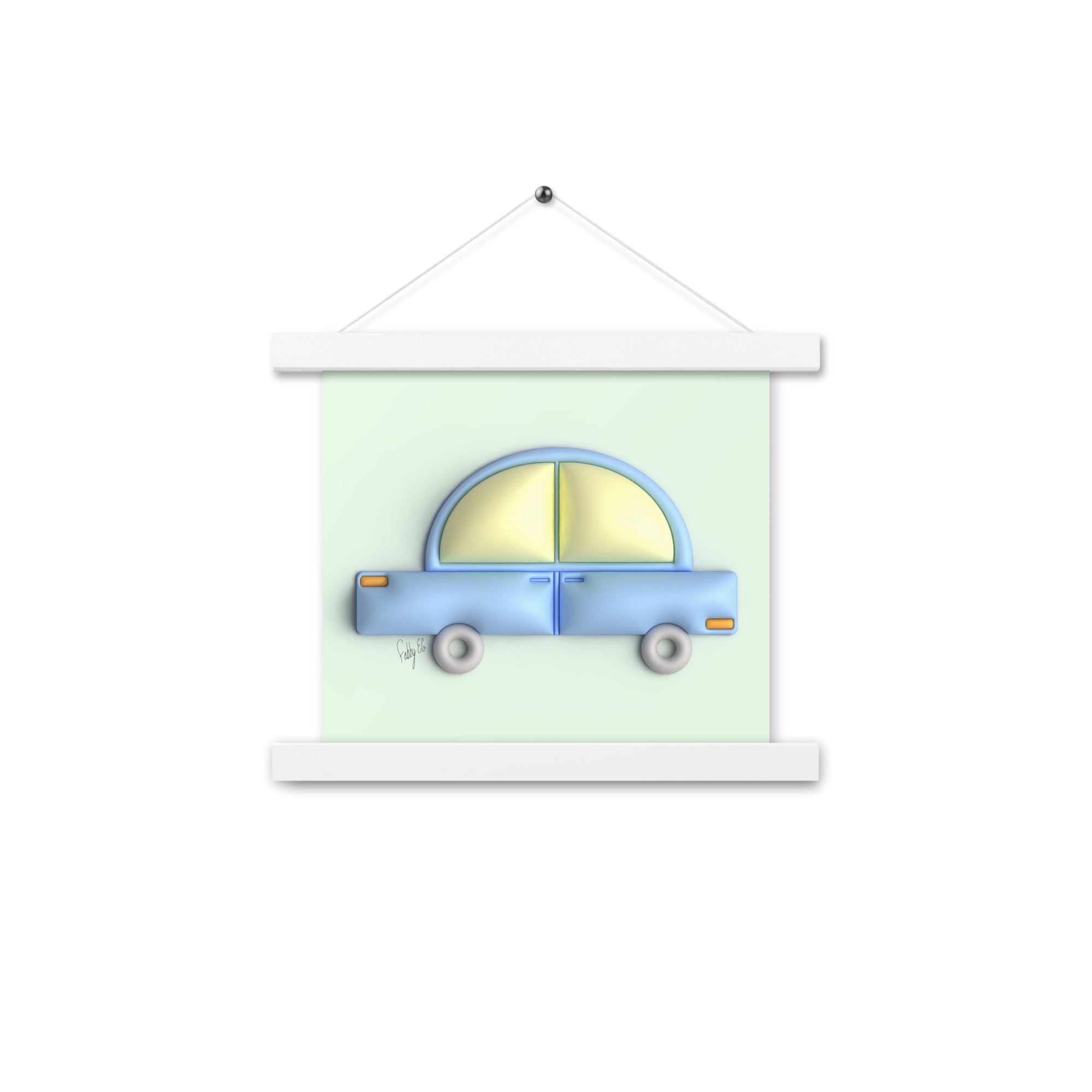 Blue car in green Poster with hangers