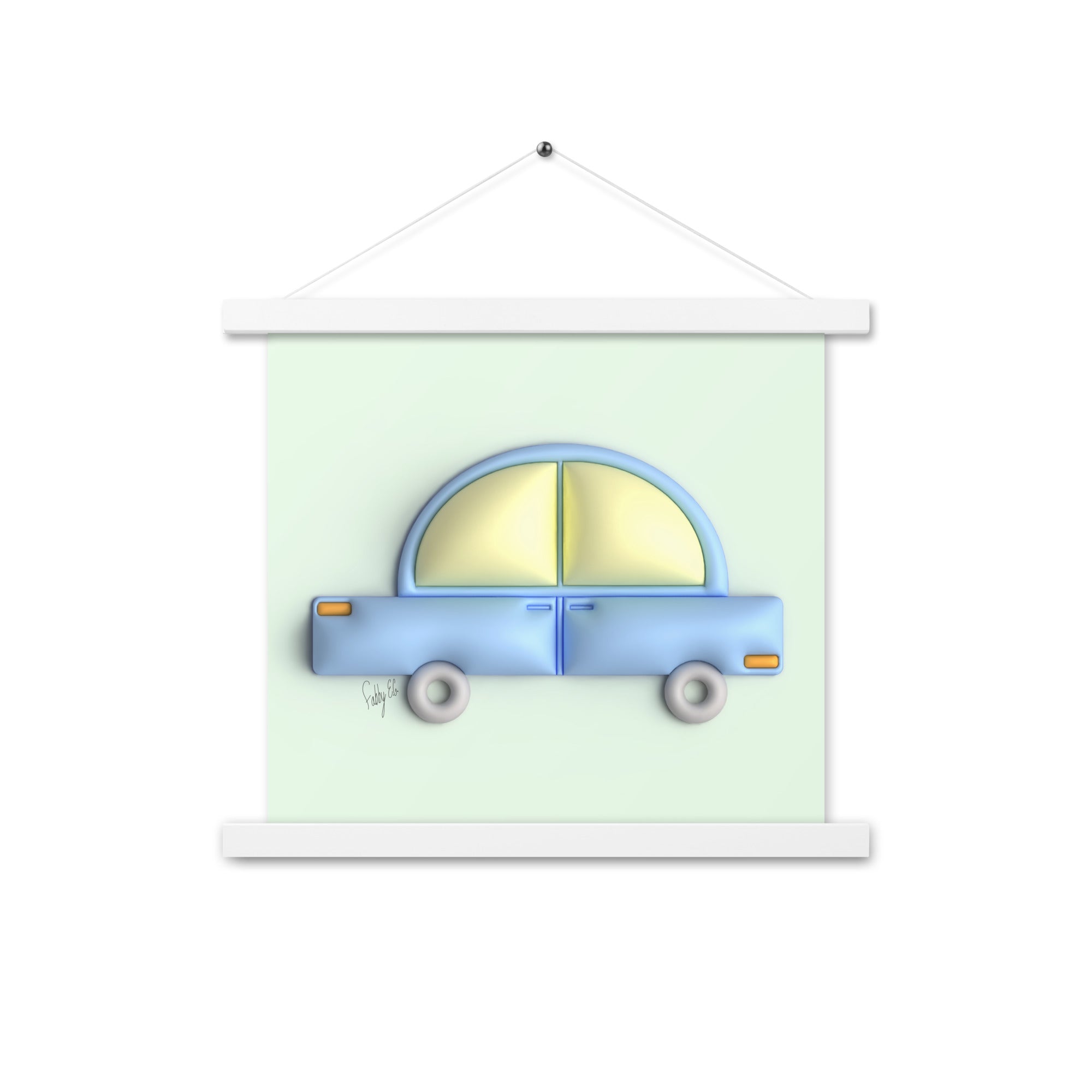 Blue car in green Poster with hangers
