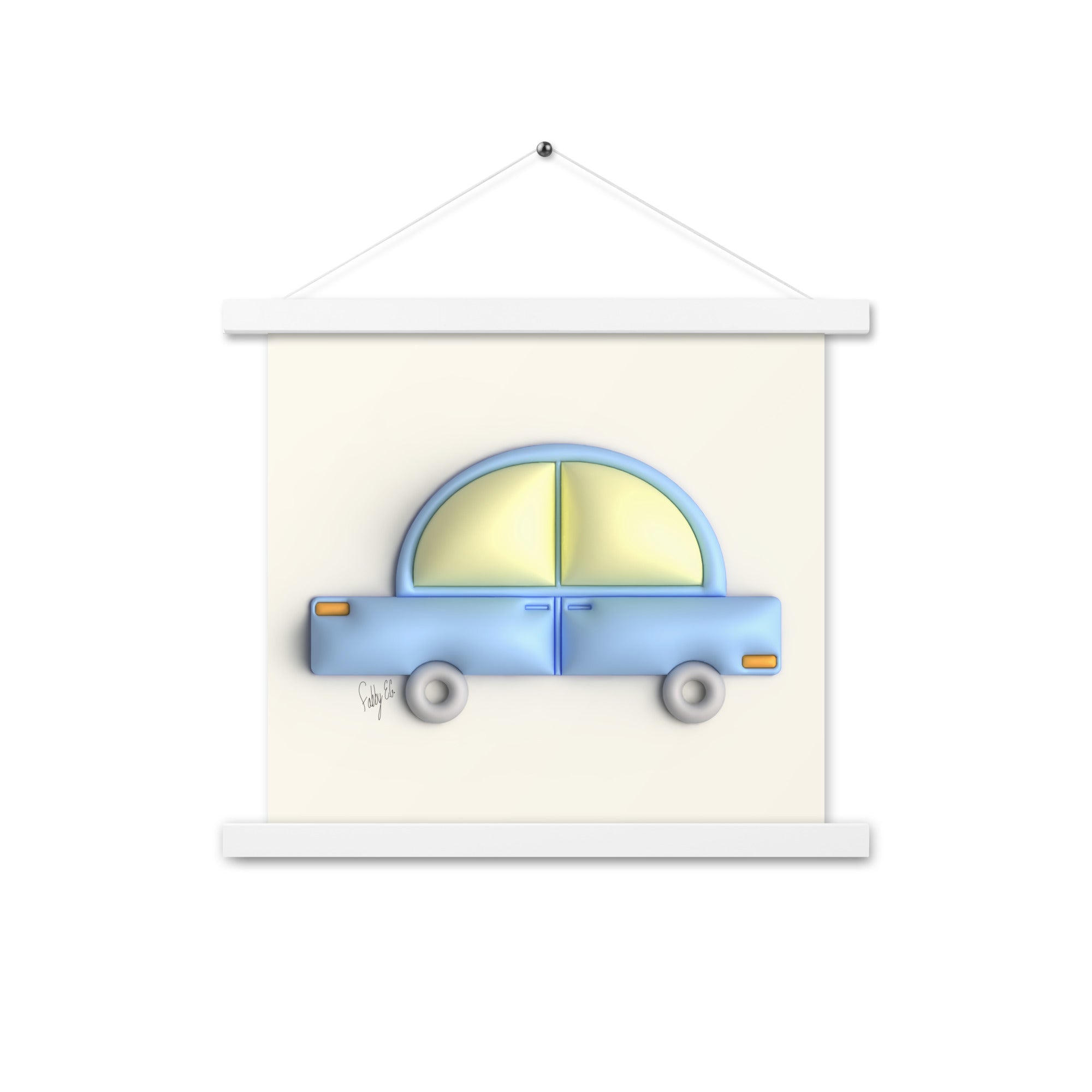 Blue car in yellow Poster with hangers