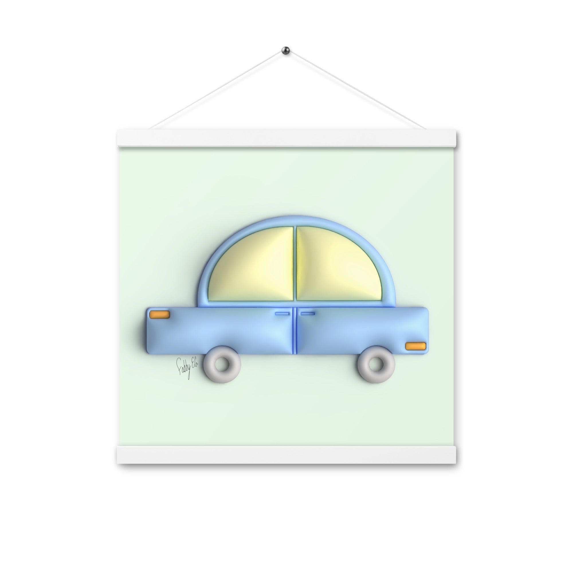 Blue car in green Poster with hangers