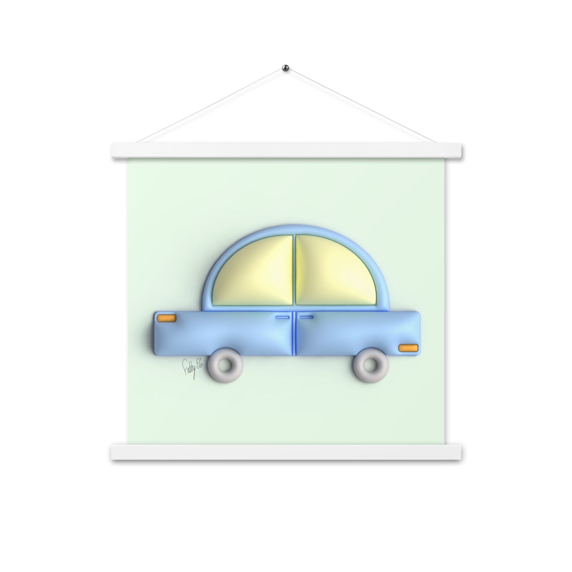 Blue car in green Poster with hangers