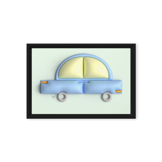 Blue car in green framed canvas