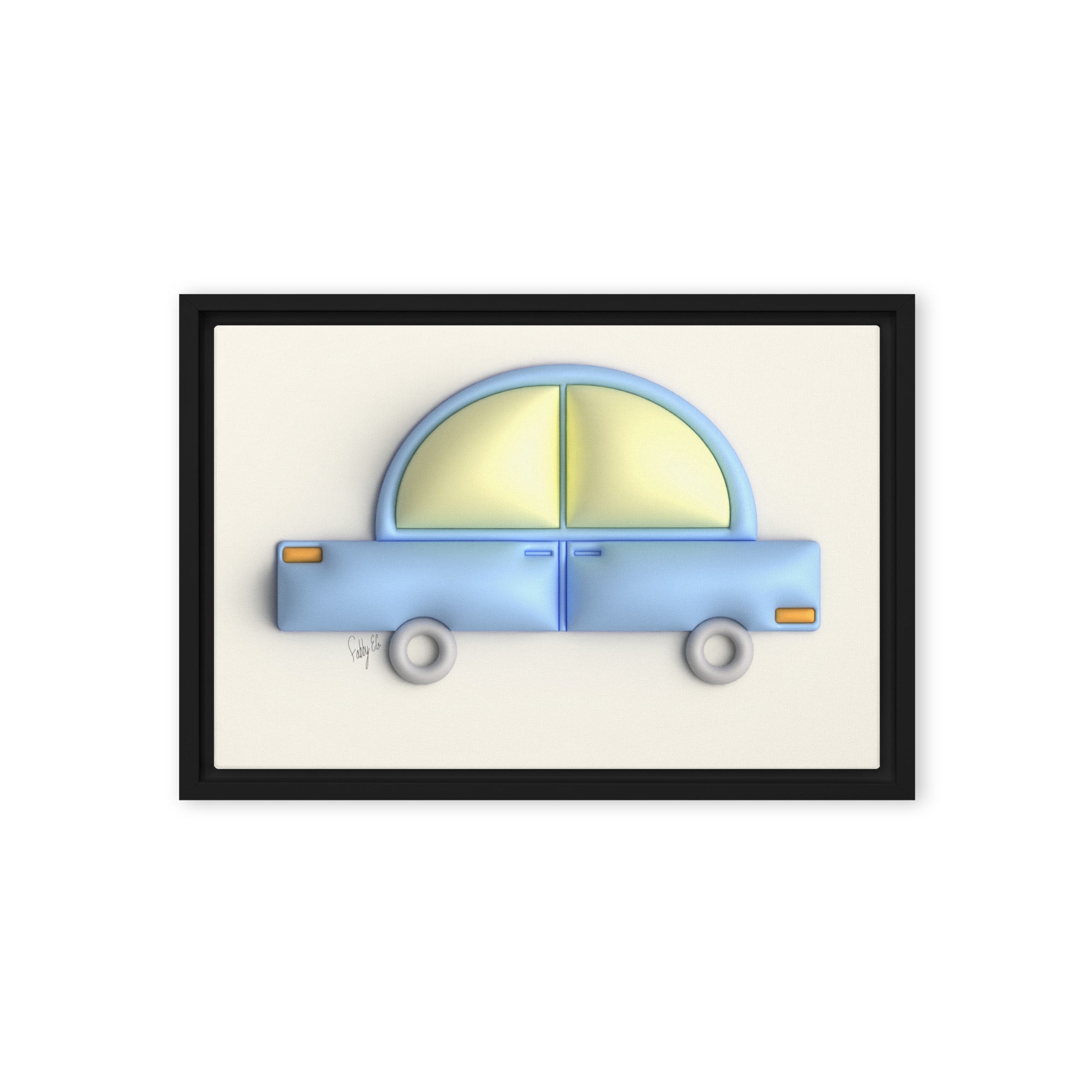 Blue car in yellow framed canvas