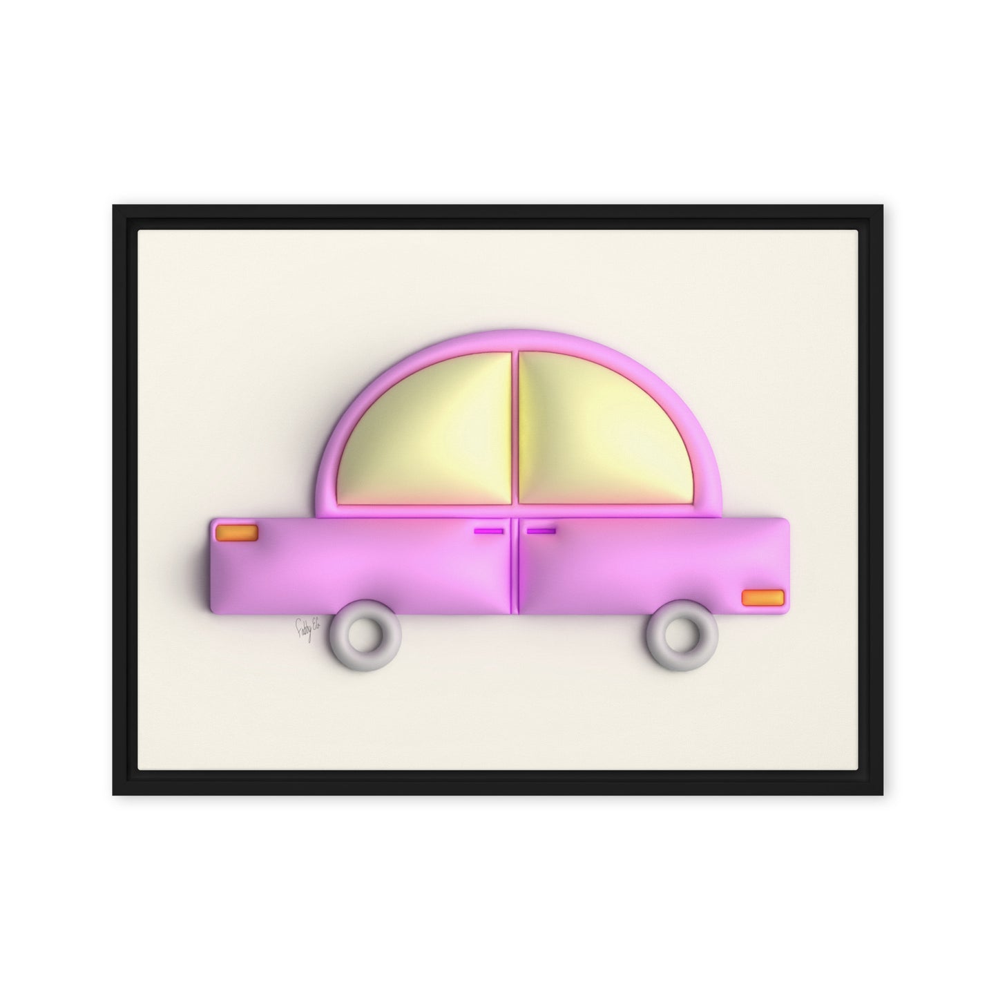 Pink car in yellow framed canvas